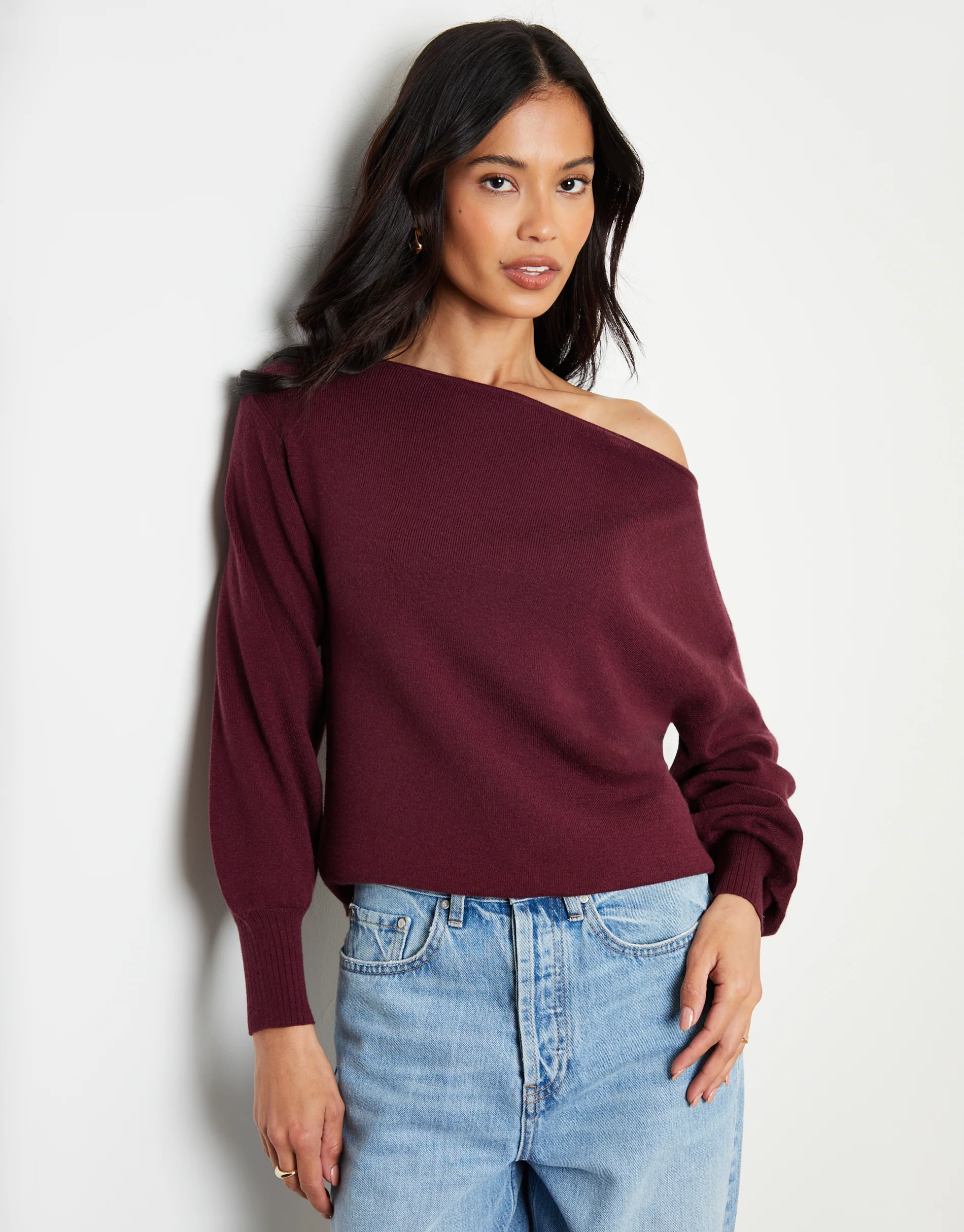 Soft Slash Neck Jumper in Berry Red - Image 3