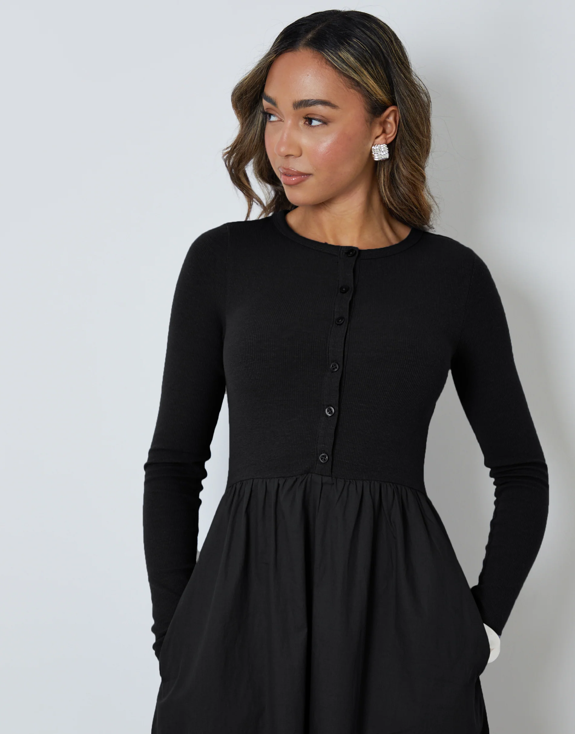 2-in-1 Jersey Poplin Mix Button Down Dress in Black - Image 2