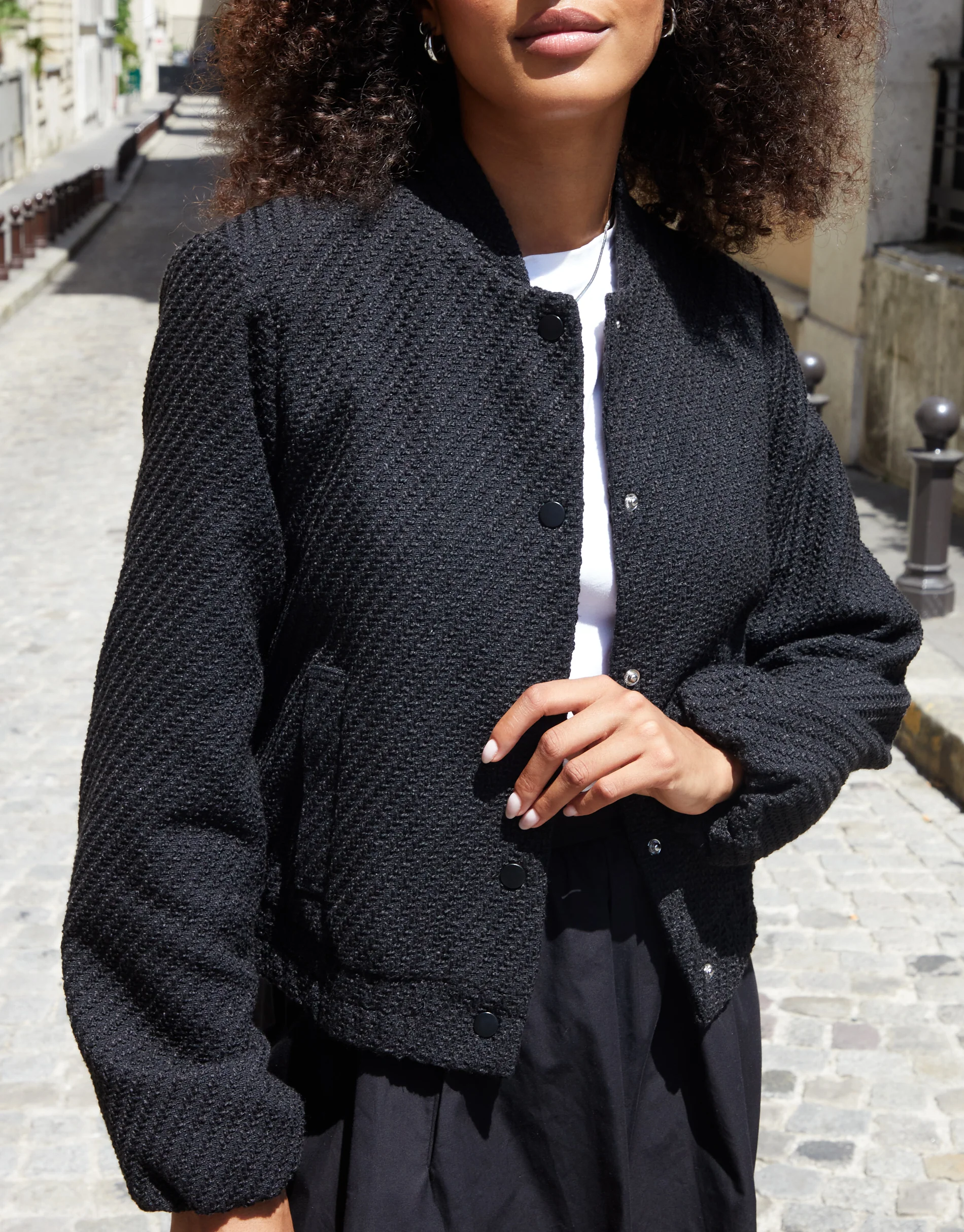 Bouclé Bomber Jacket in Black - Image 2