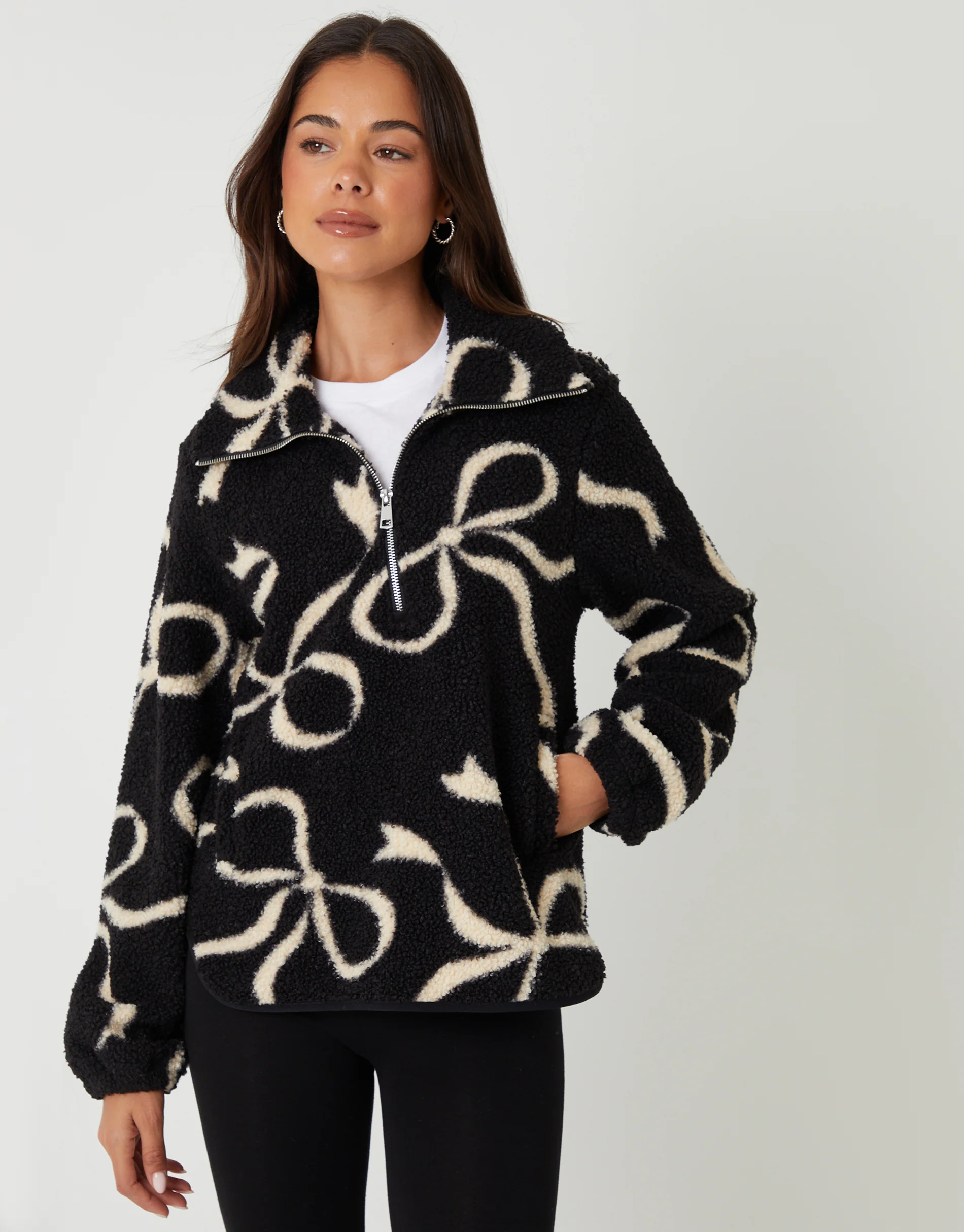 Bow Print Quarter Zip Fleece in Black