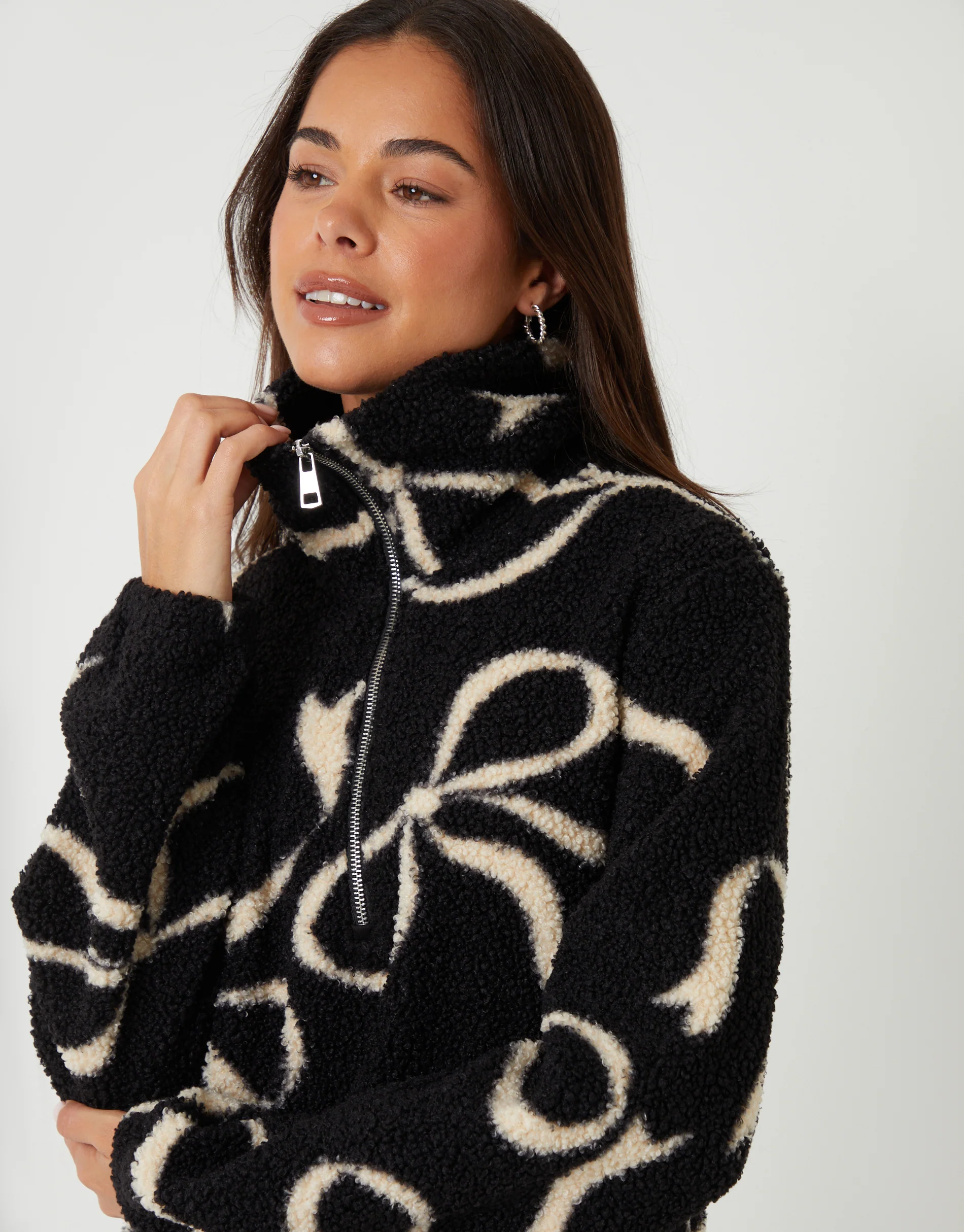 Bow Print Quarter Zip Fleece in Black - Image 4