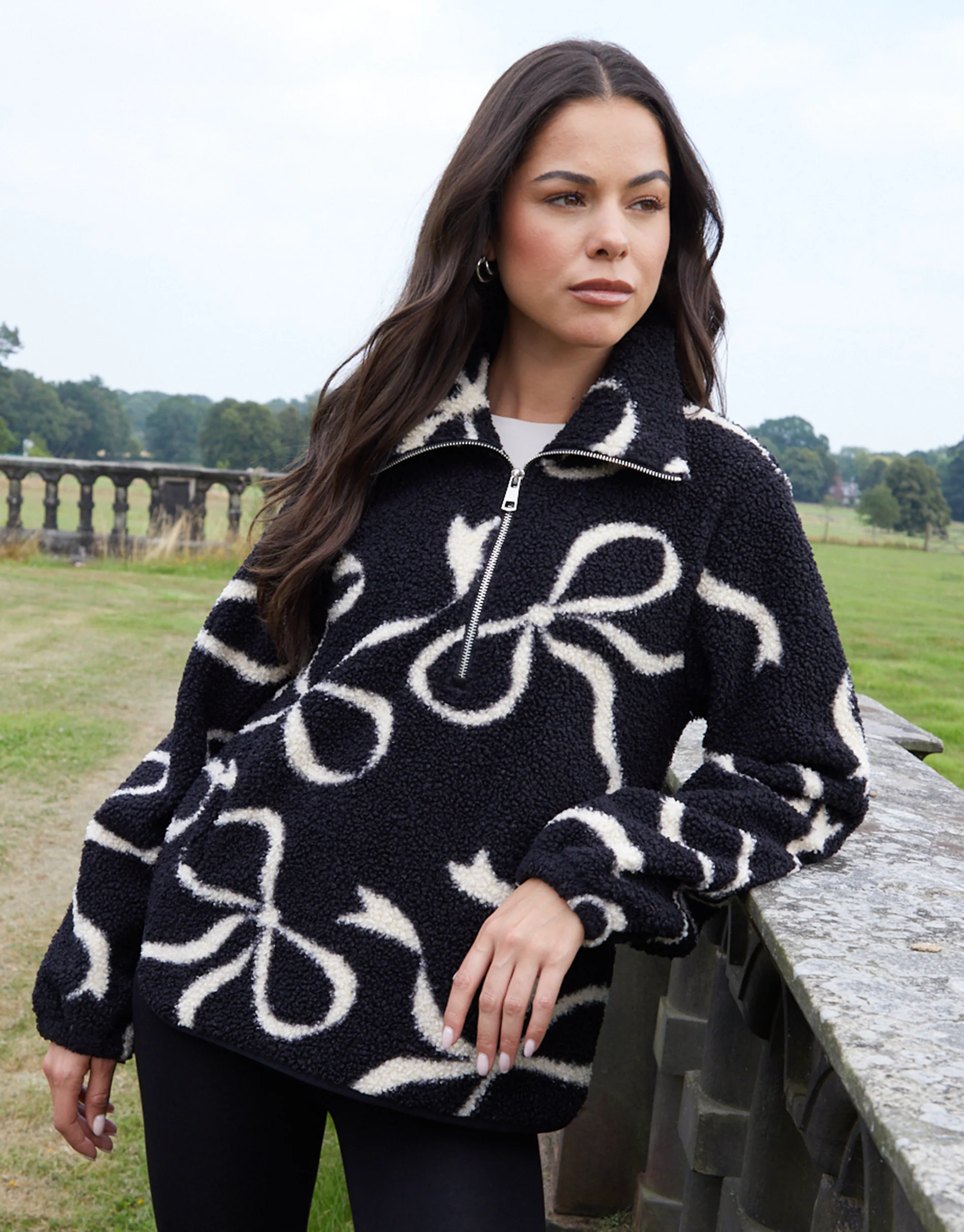 Bow Print Quarter Zip Fleece in Black - Image 5