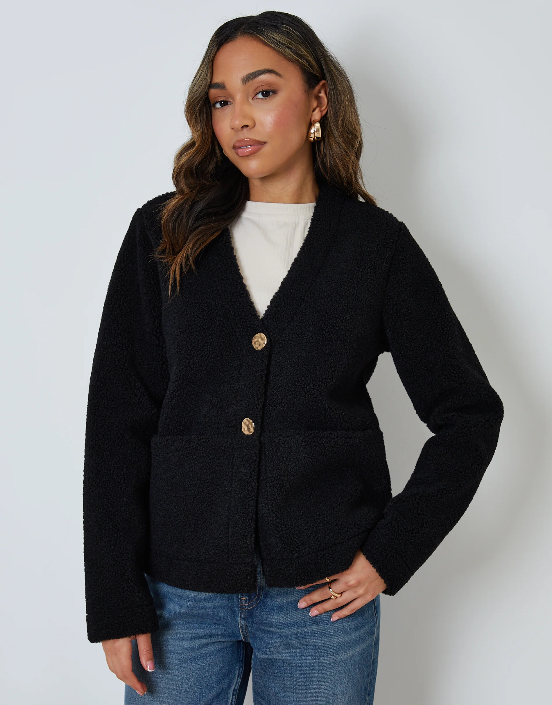 Button Up Borg Jacket in Black