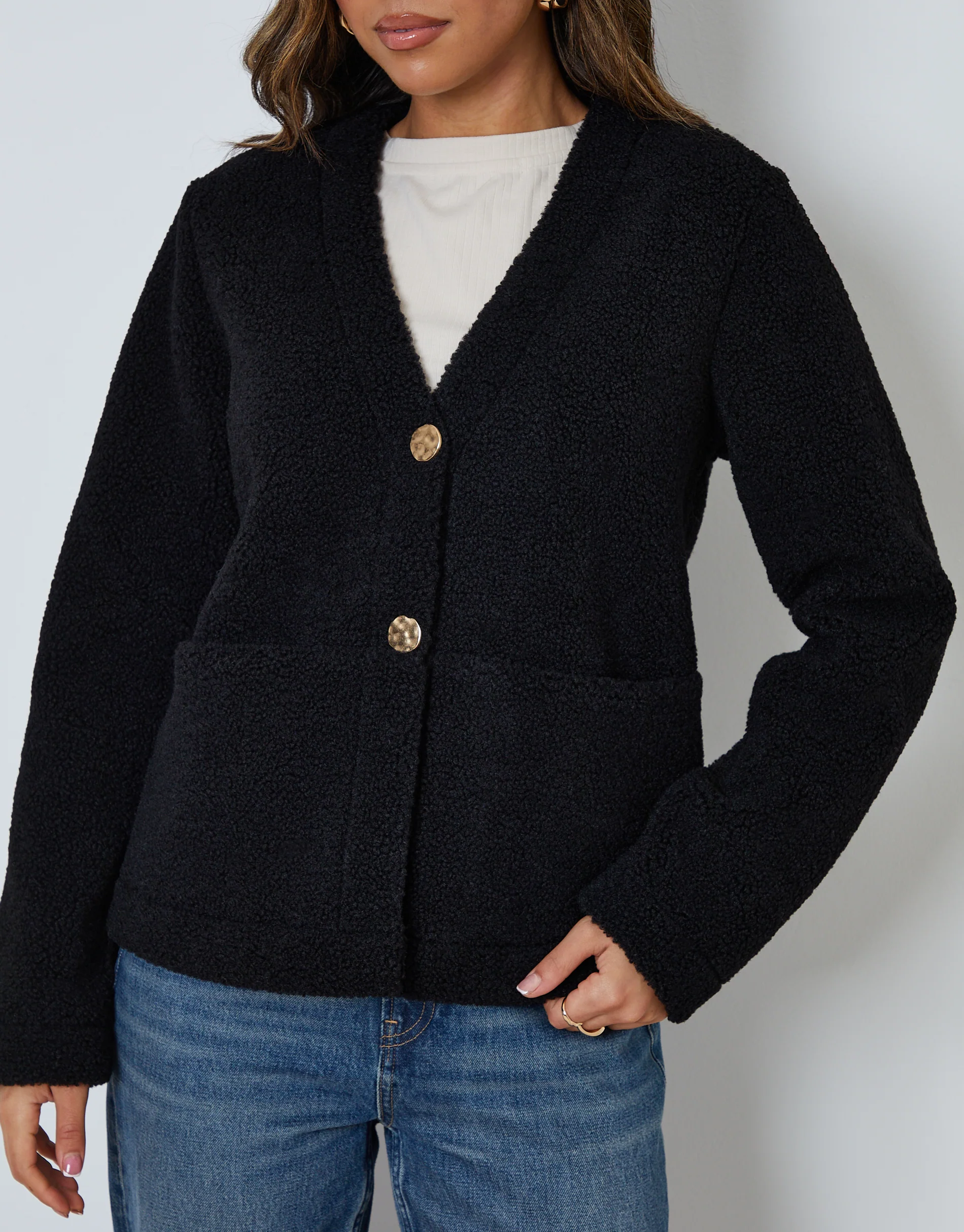 Button Up Borg Jacket in Black - Image 4
