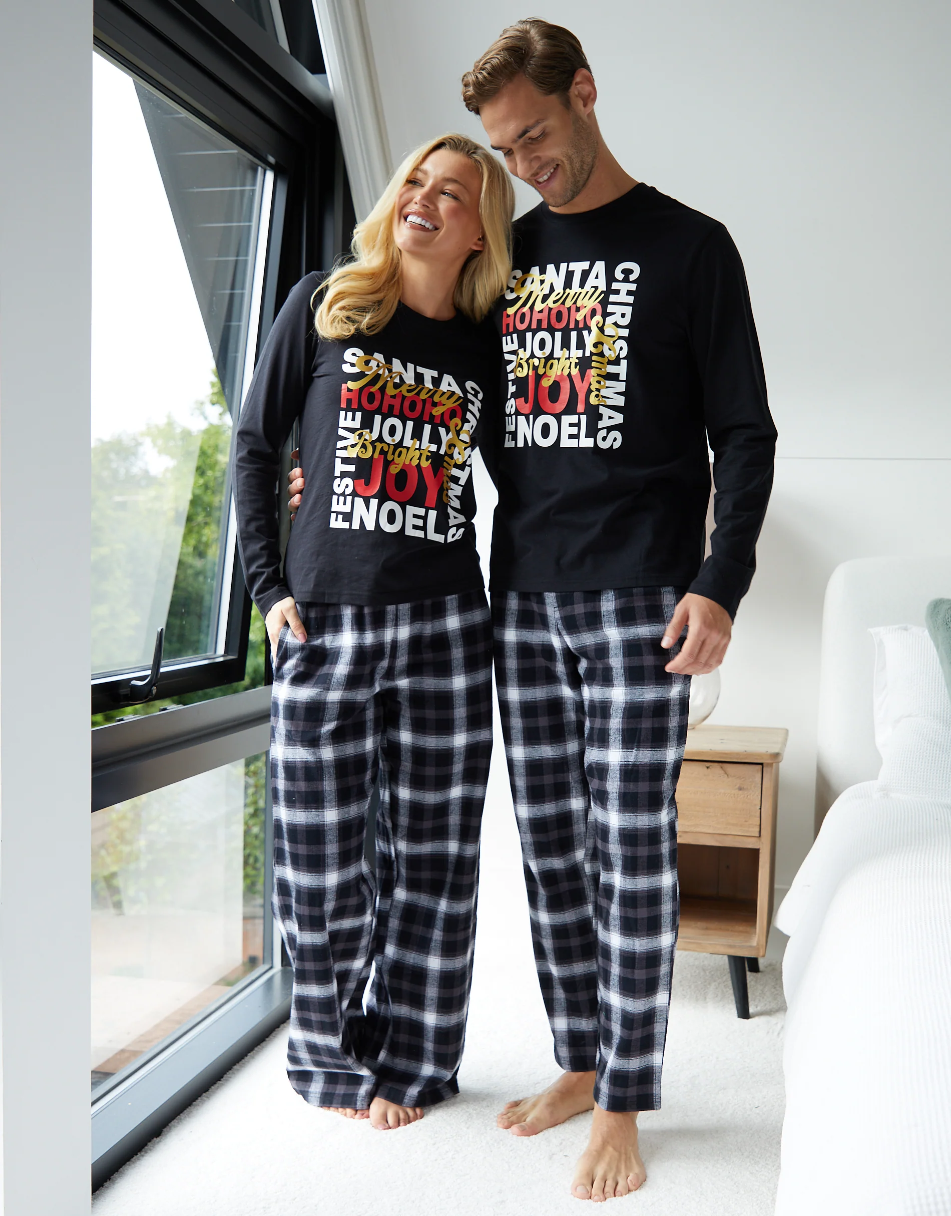 Christmas Slogan Graphic Long Pyjama Set in Black - Image 2