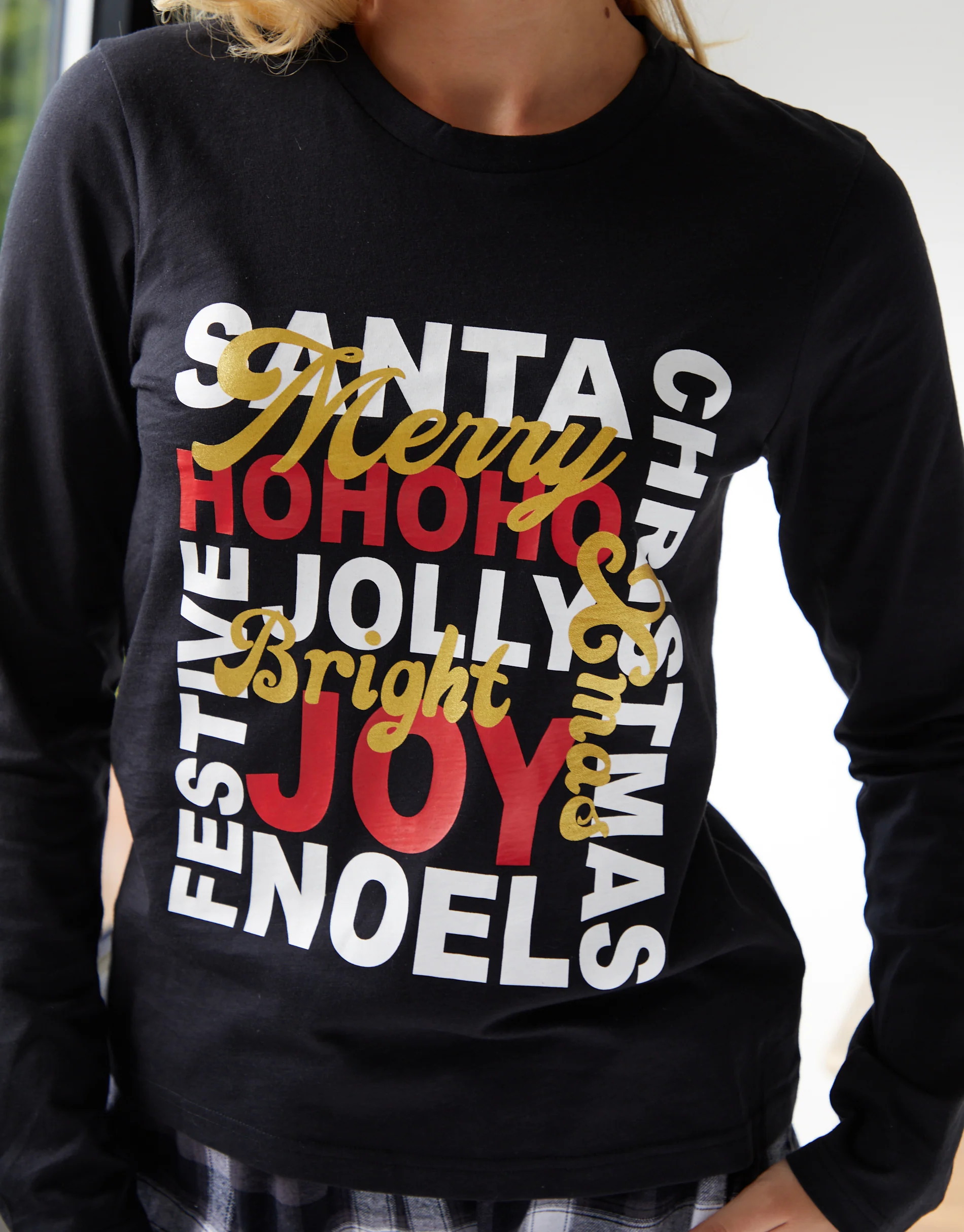 Christmas Slogan Graphic Long Pyjama Set in Black - Image 5