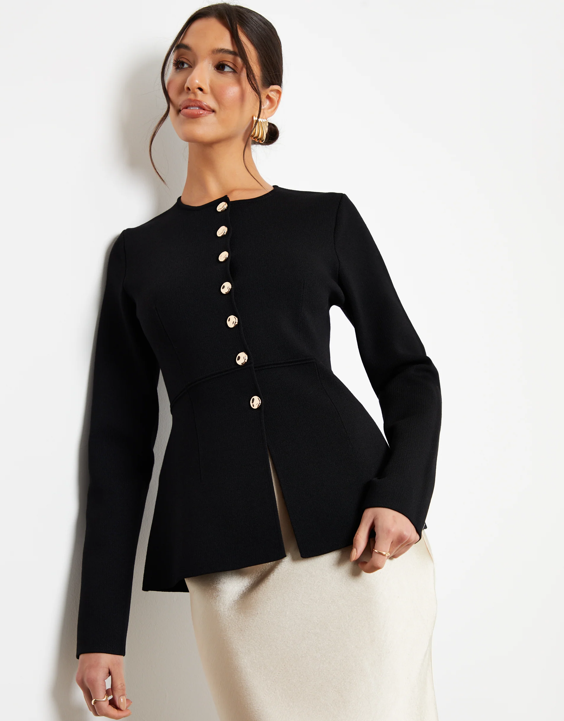 Cinched Knitted Button Up Cardigan in Black