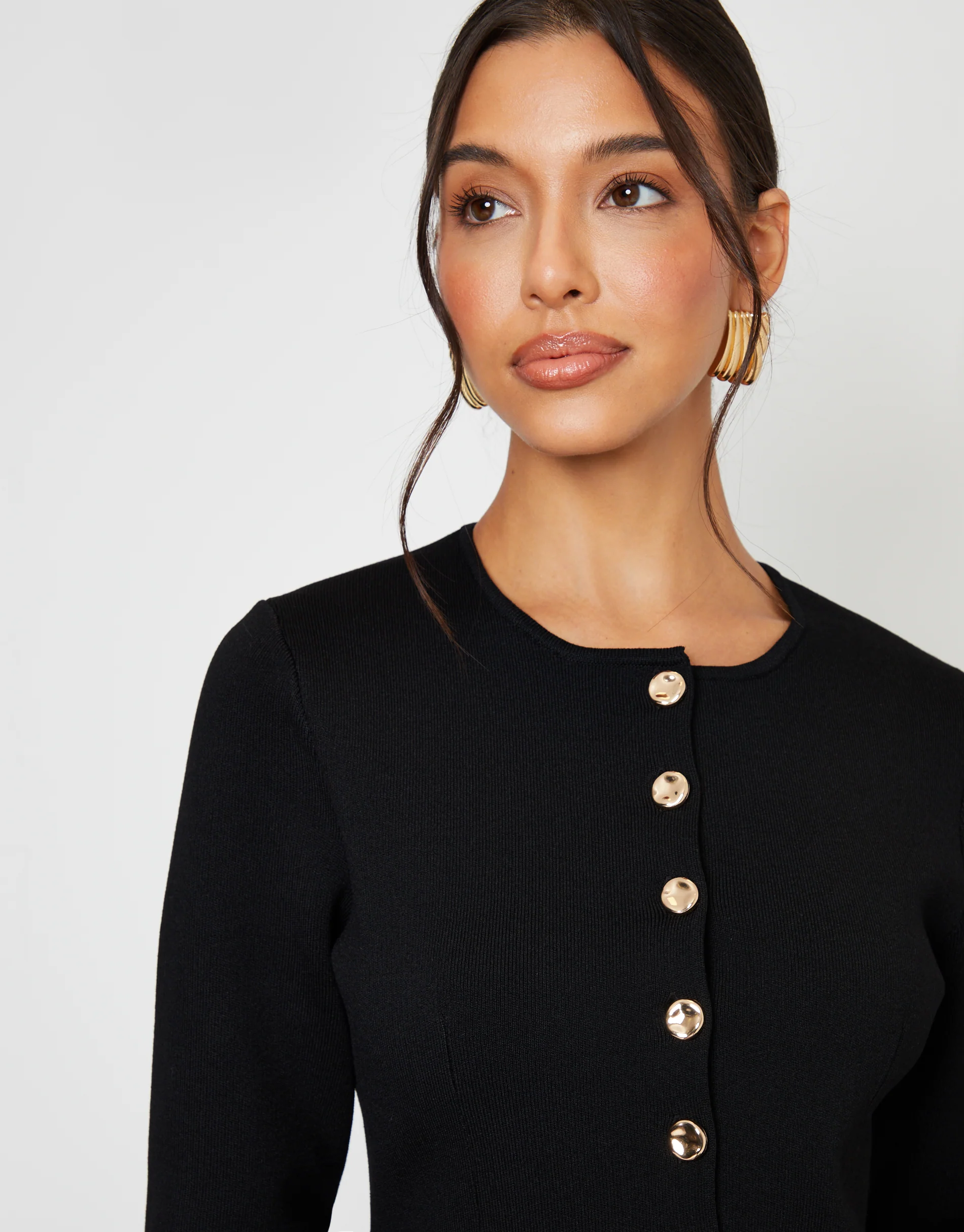 Cinched Knitted Button Up Cardigan in Black - Image 2