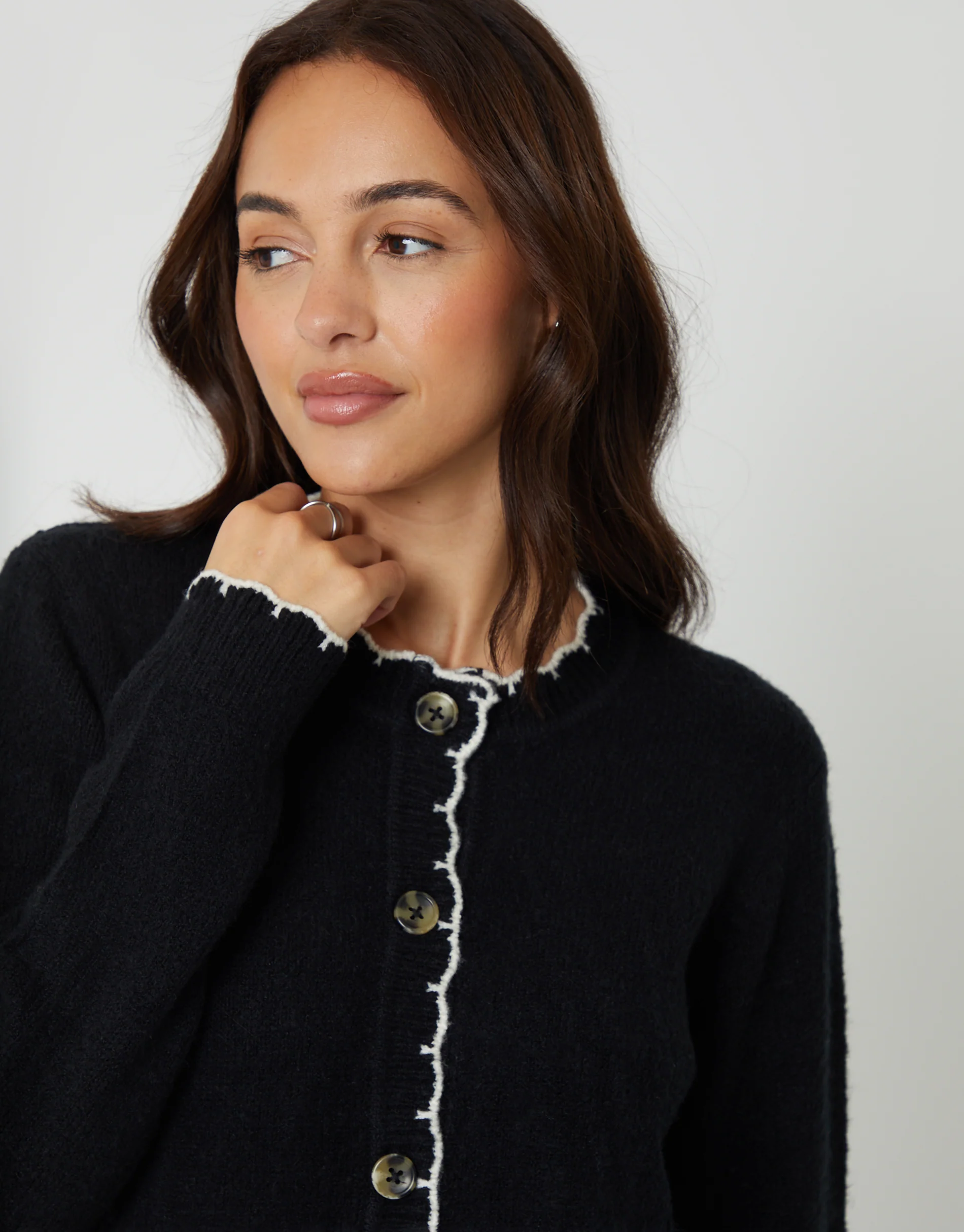 Crew Neck Scallop Trim Cardigan in Black - Image 2