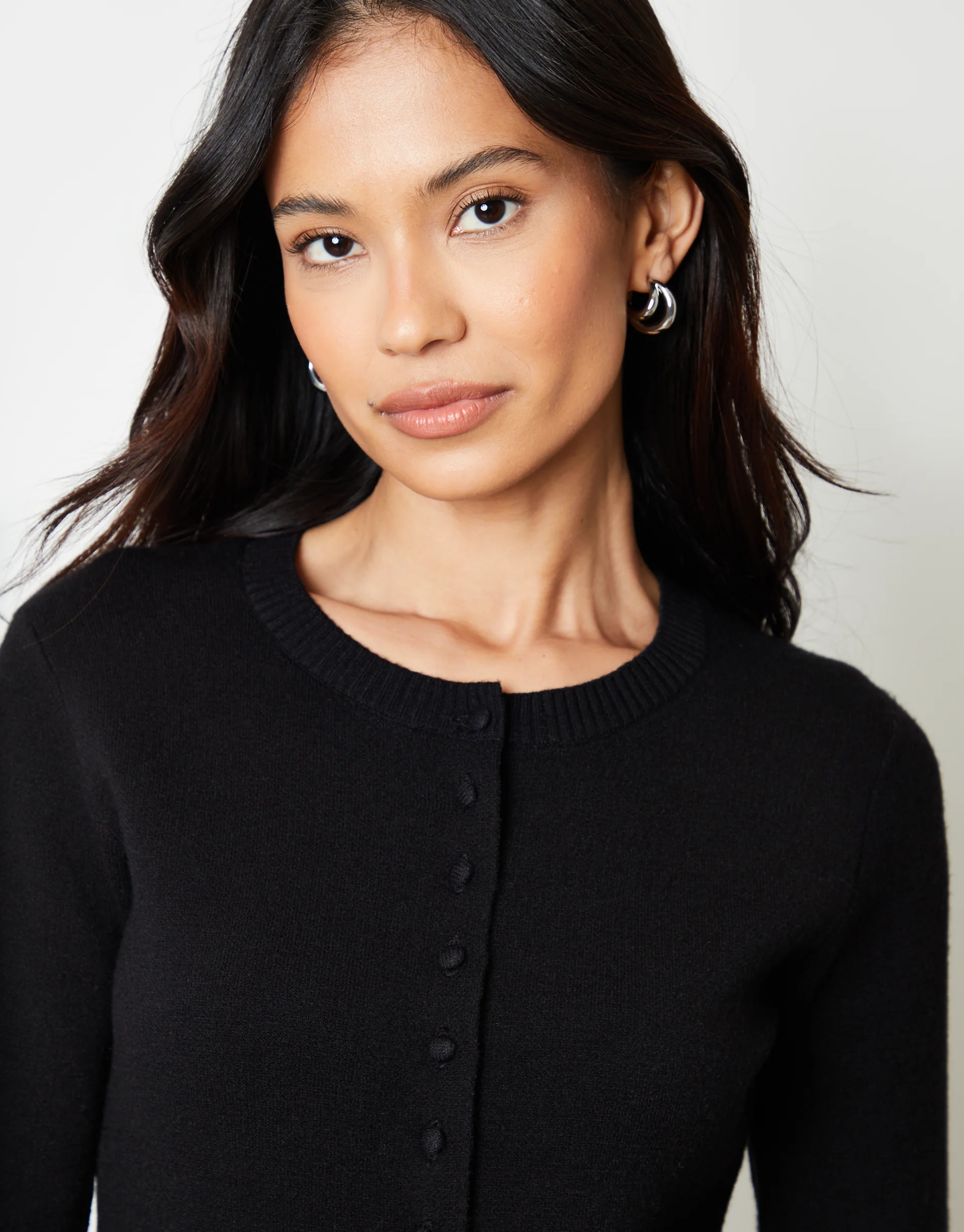 Crew Neck Compact Knitted Cardigan in Black - Image 2