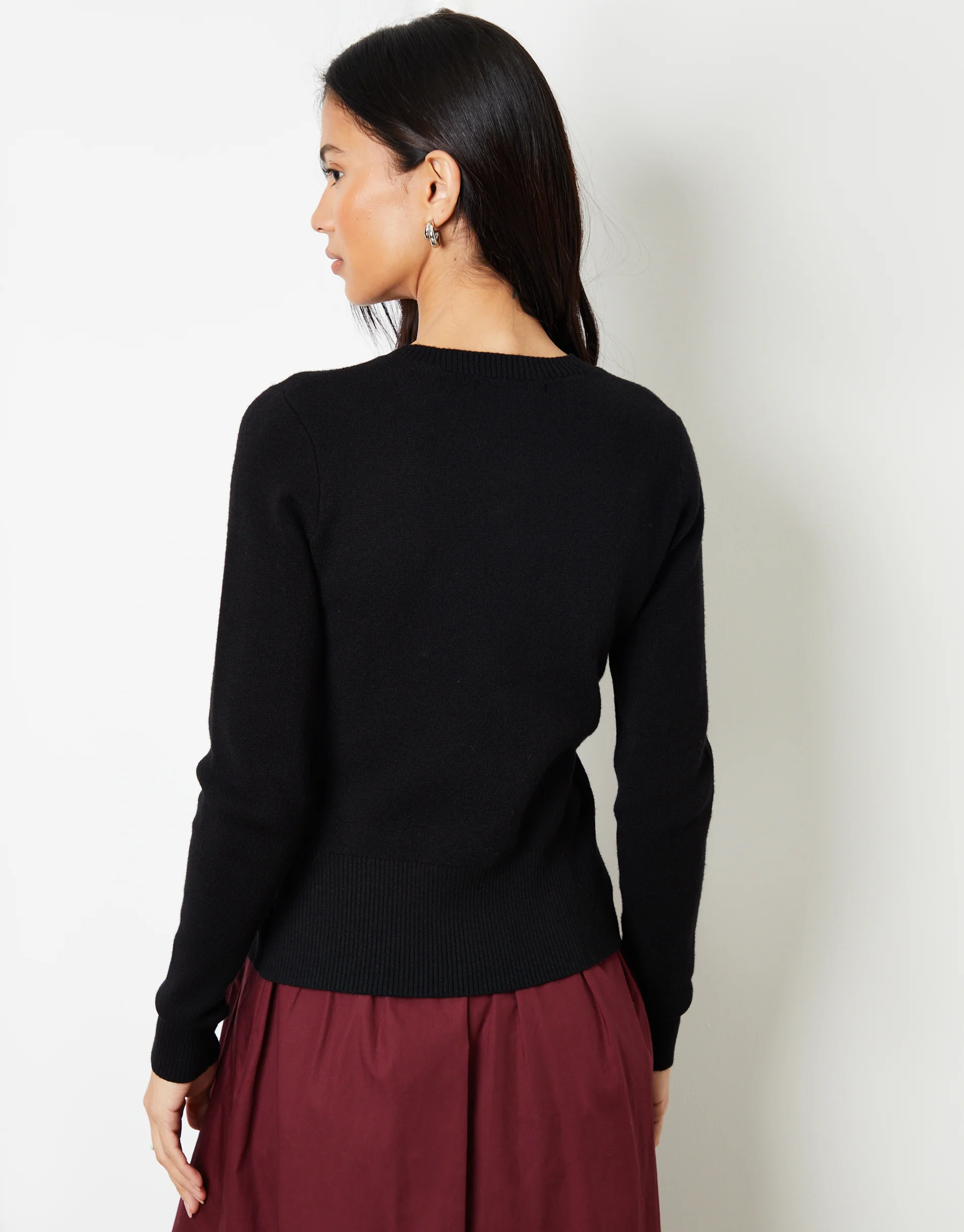 Crew Neck Compact Knitted Cardigan in Black - Image 4