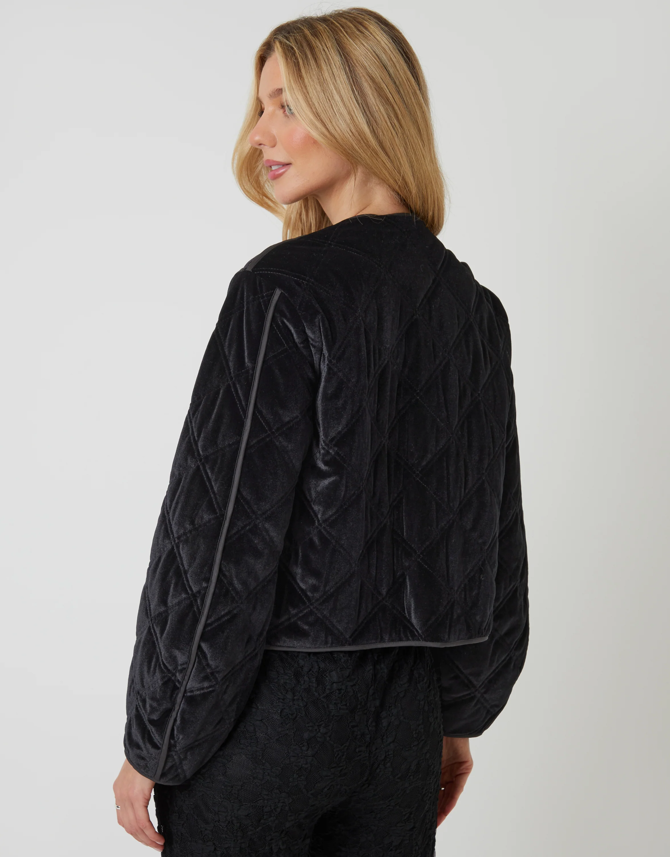 Diamond Quilted Velvet Jacket in Black - Image 3