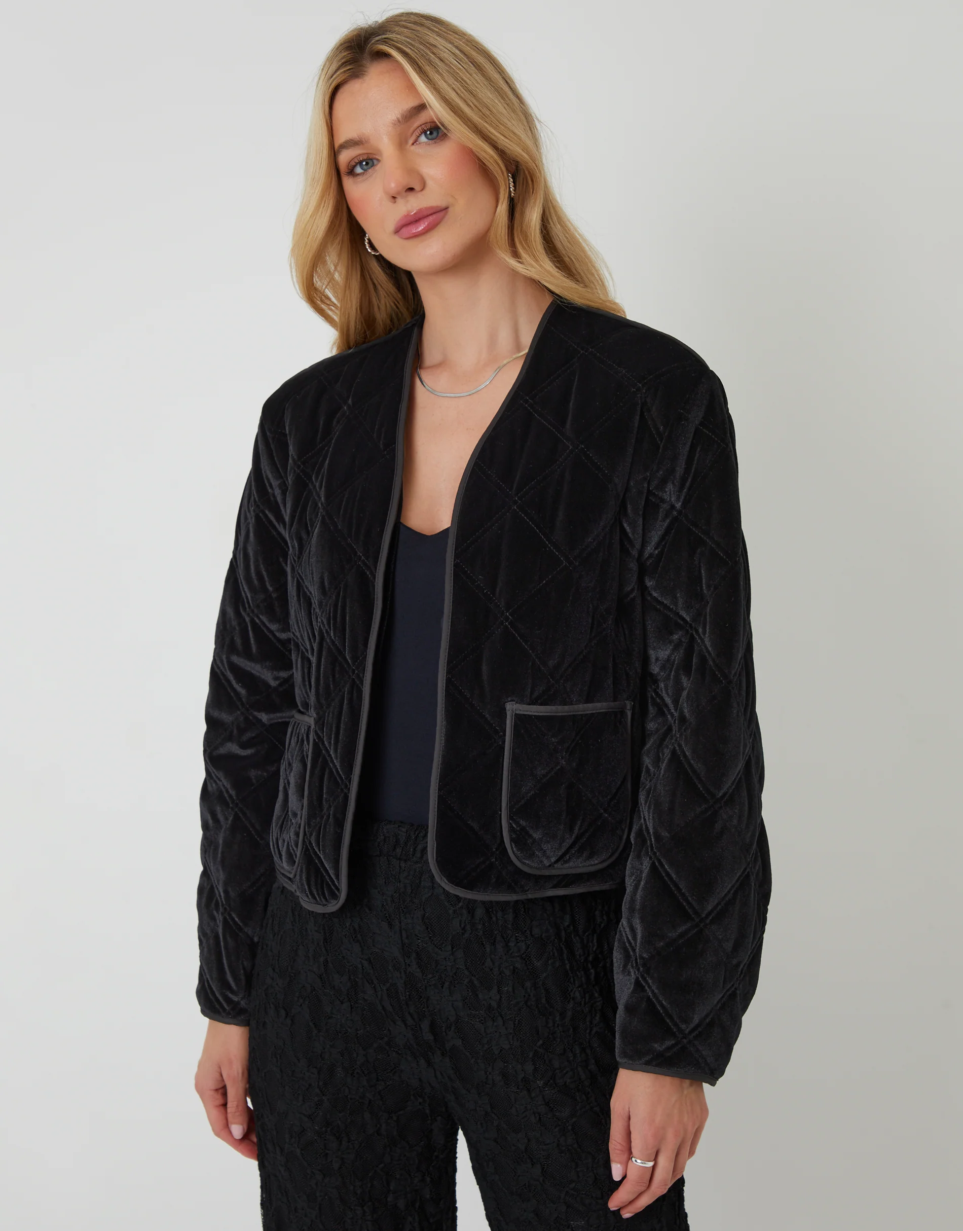 Diamond Quilted Velvet Jacket in Black - Image 4