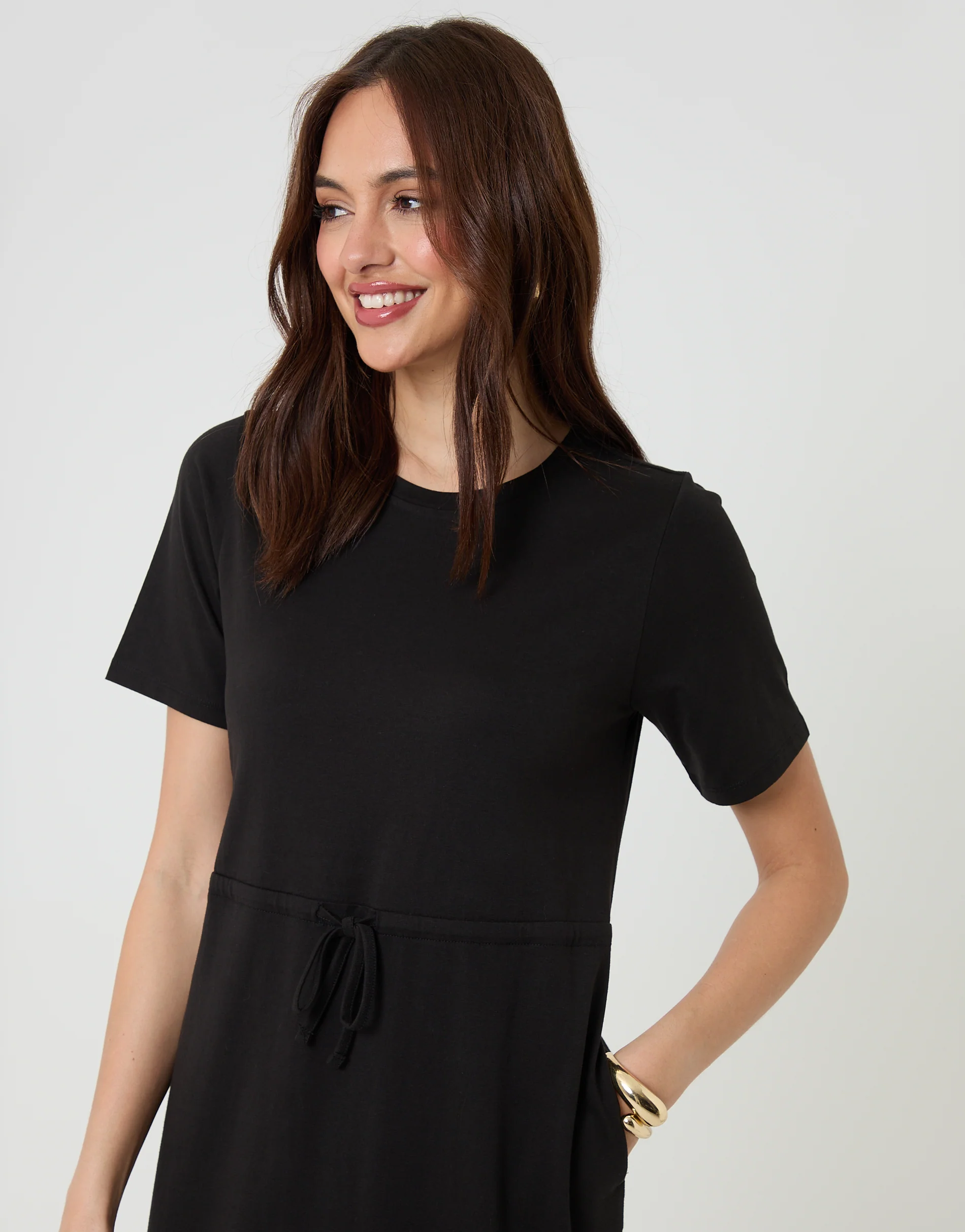 Drawstring Waist Side Split Cotton Jersey Midi Dress in Black - Image 4
