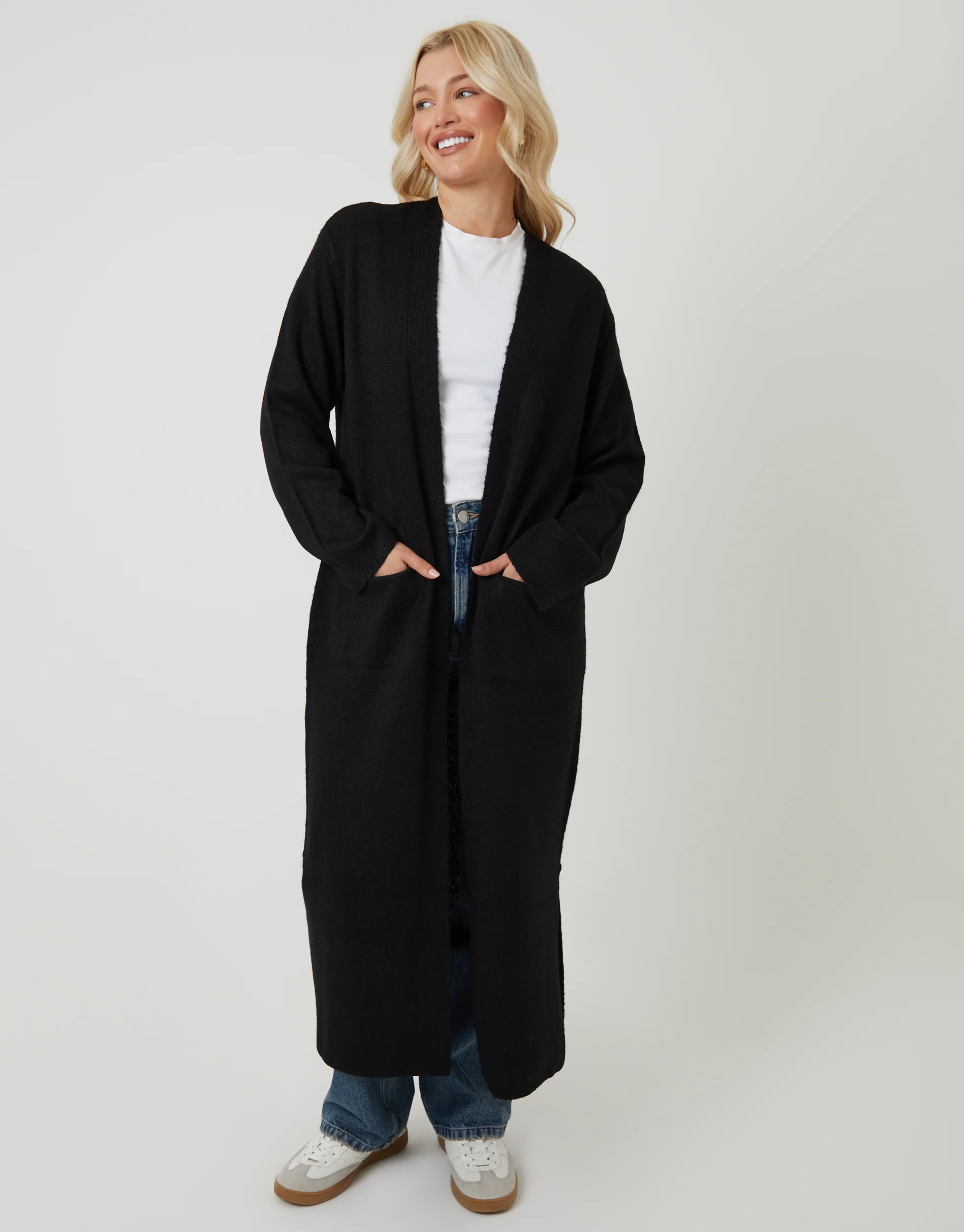 Dropped Shoulder Knitted Coatigan in Black