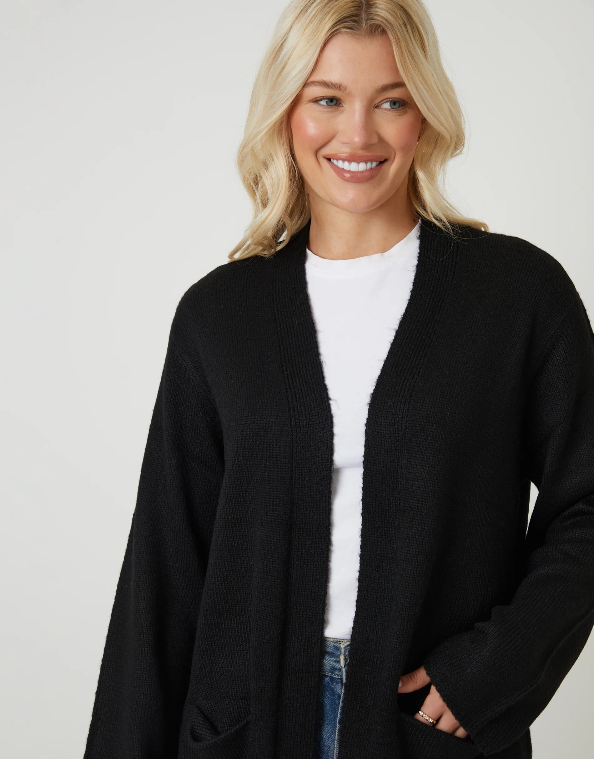 Dropped Shoulder Knitted Coatigan in Black - Image 4