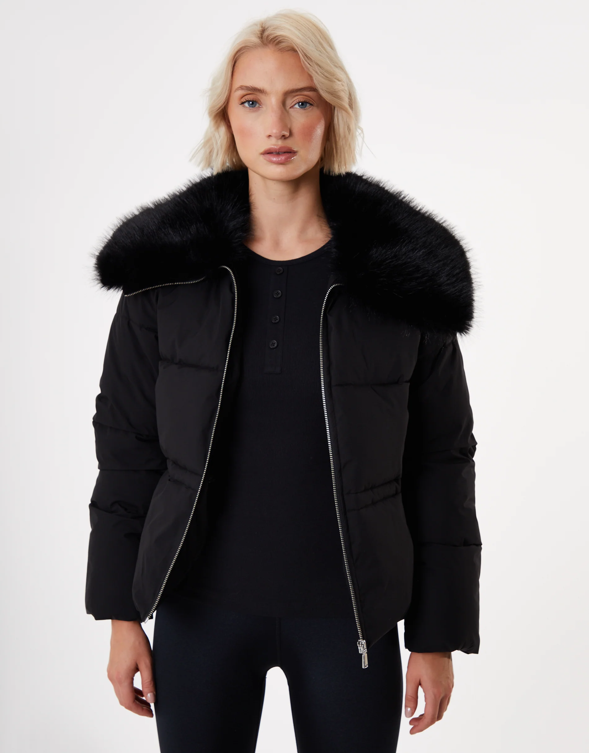 Faux Fur Collar Puffer Jacket in Black - Image 5