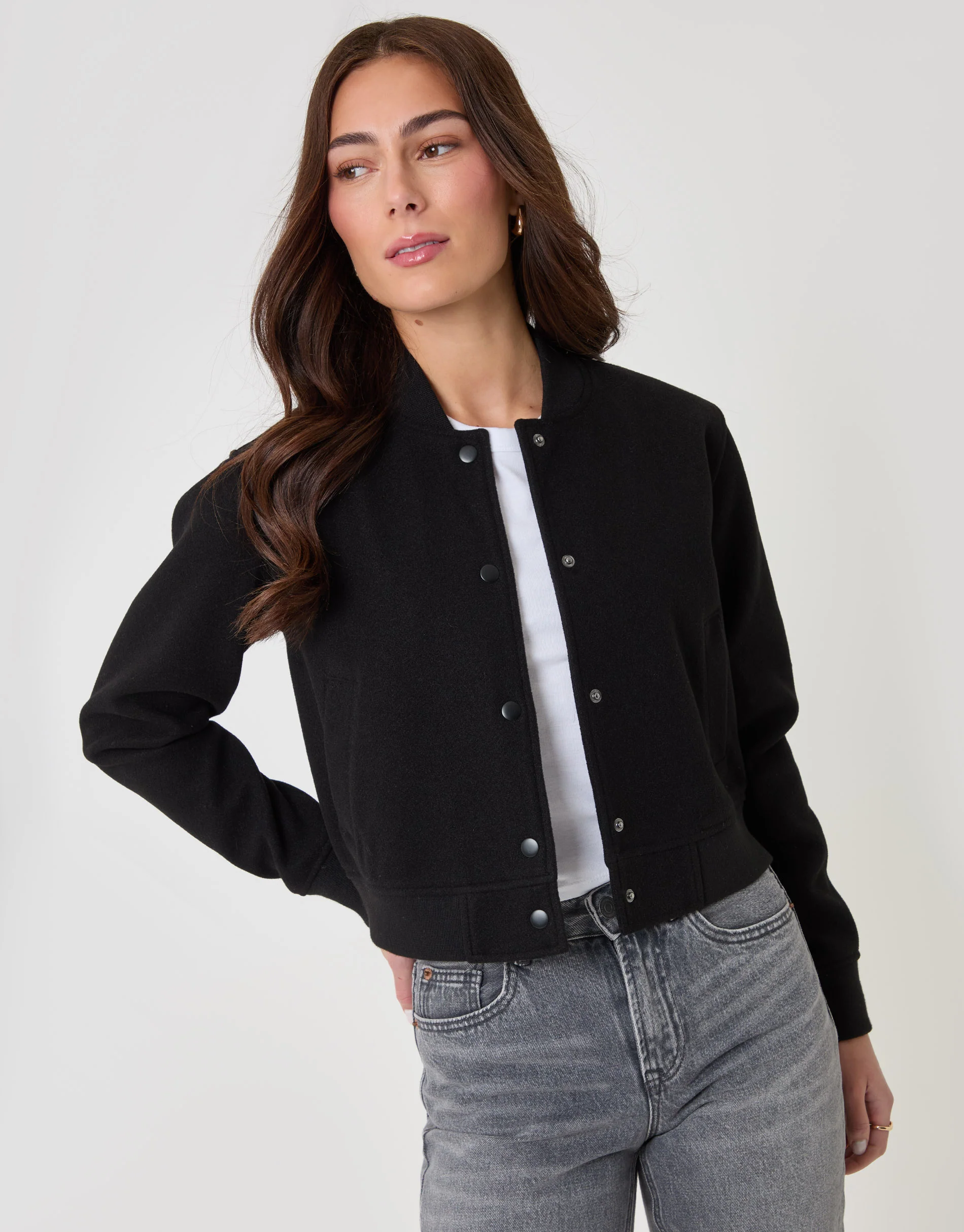 Faux Wool Bomber Jacket in Black