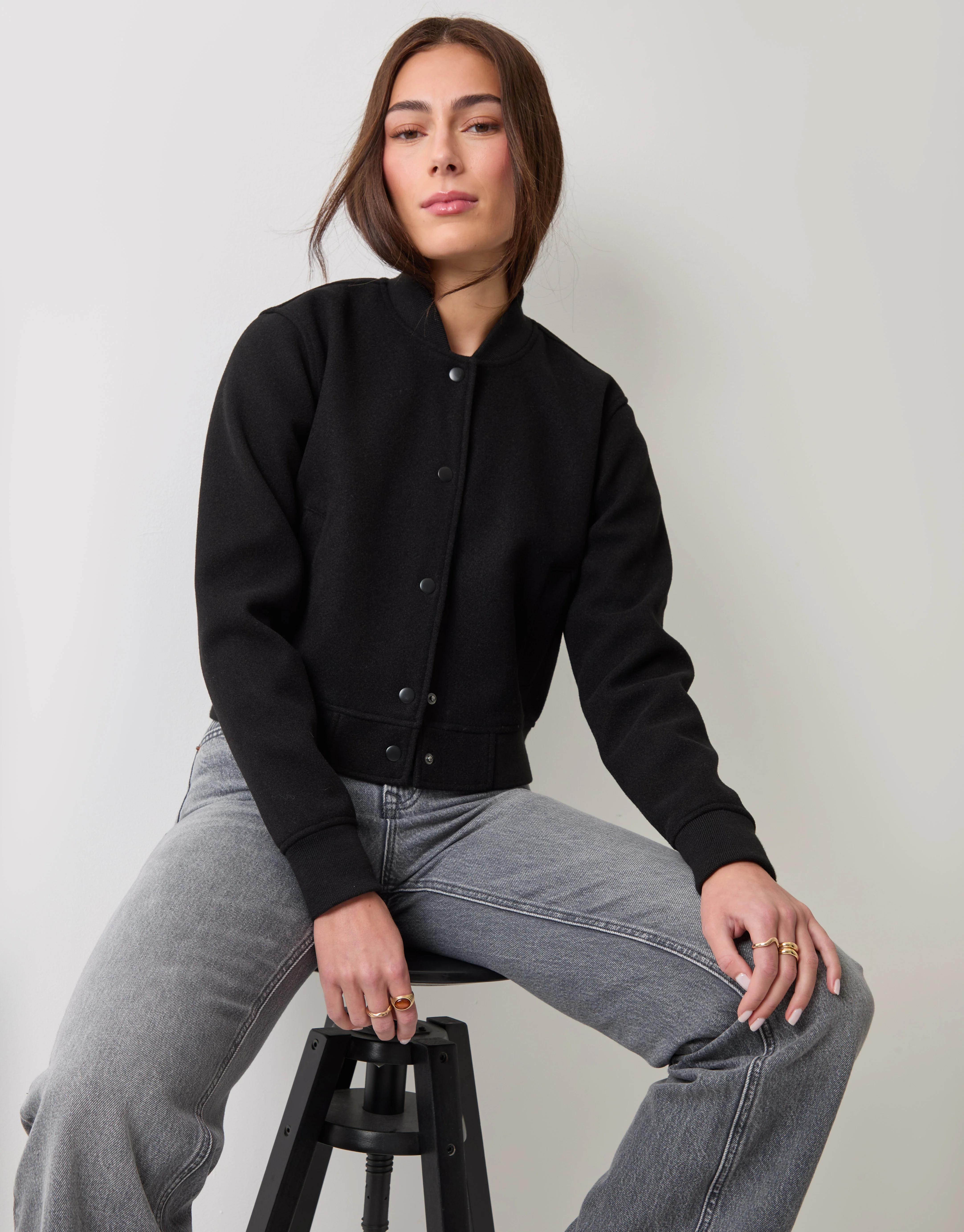 Faux Wool Bomber Jacket in Black - Image 5