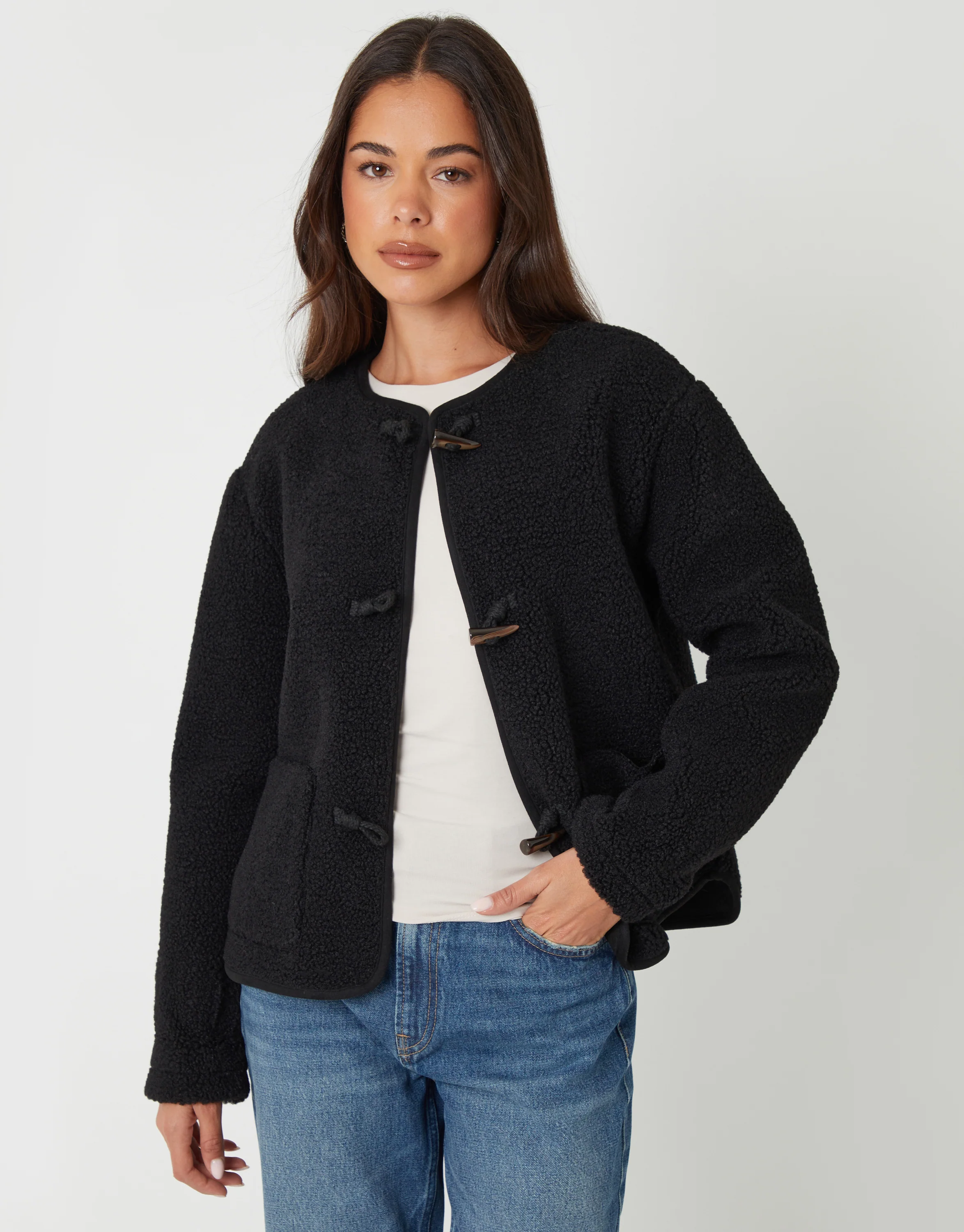 Fleece Borg Toggle Jacket in Black