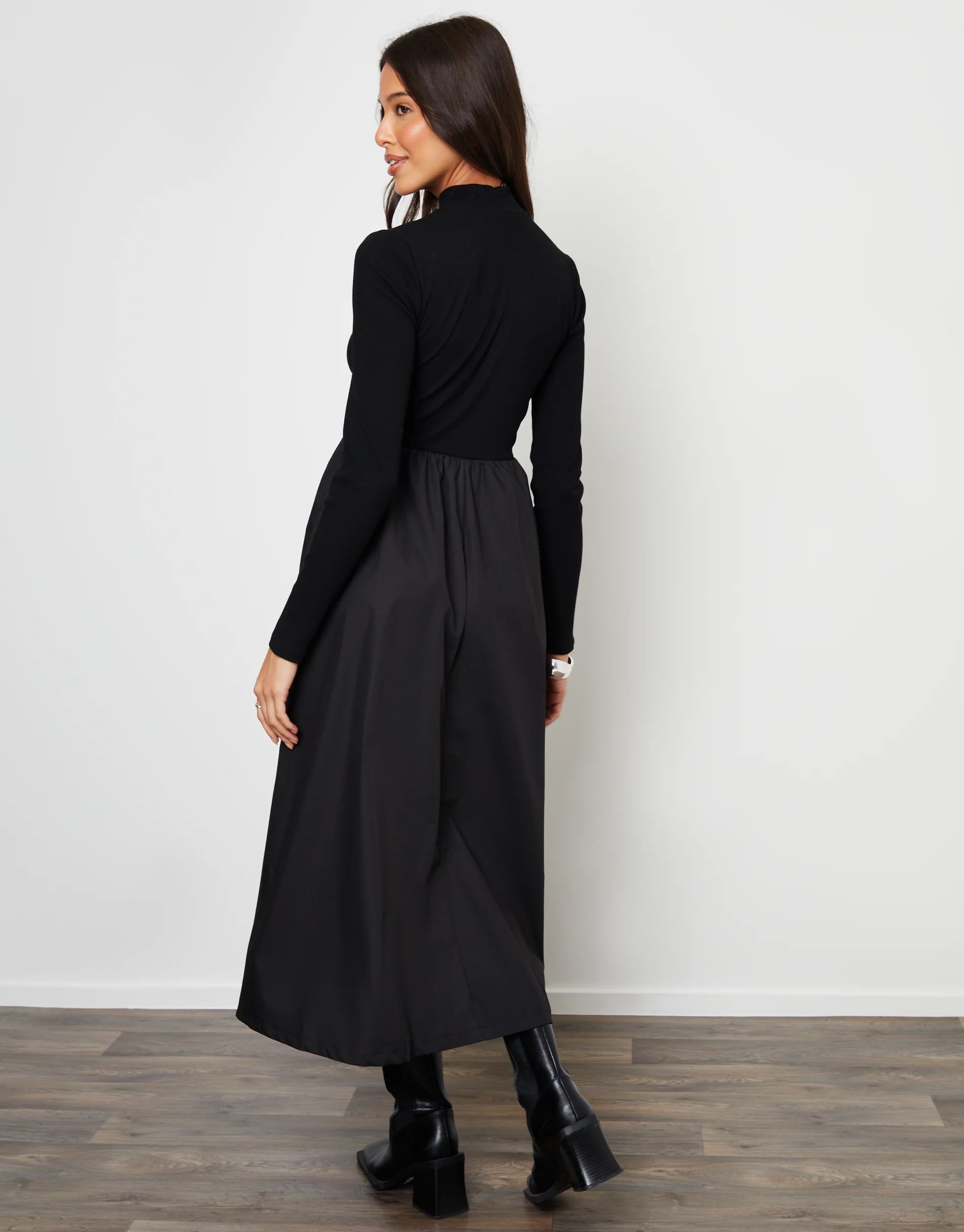 High Neck 2-in-1 Jersey Poplin Mix Midi Dress in Black - Image 3