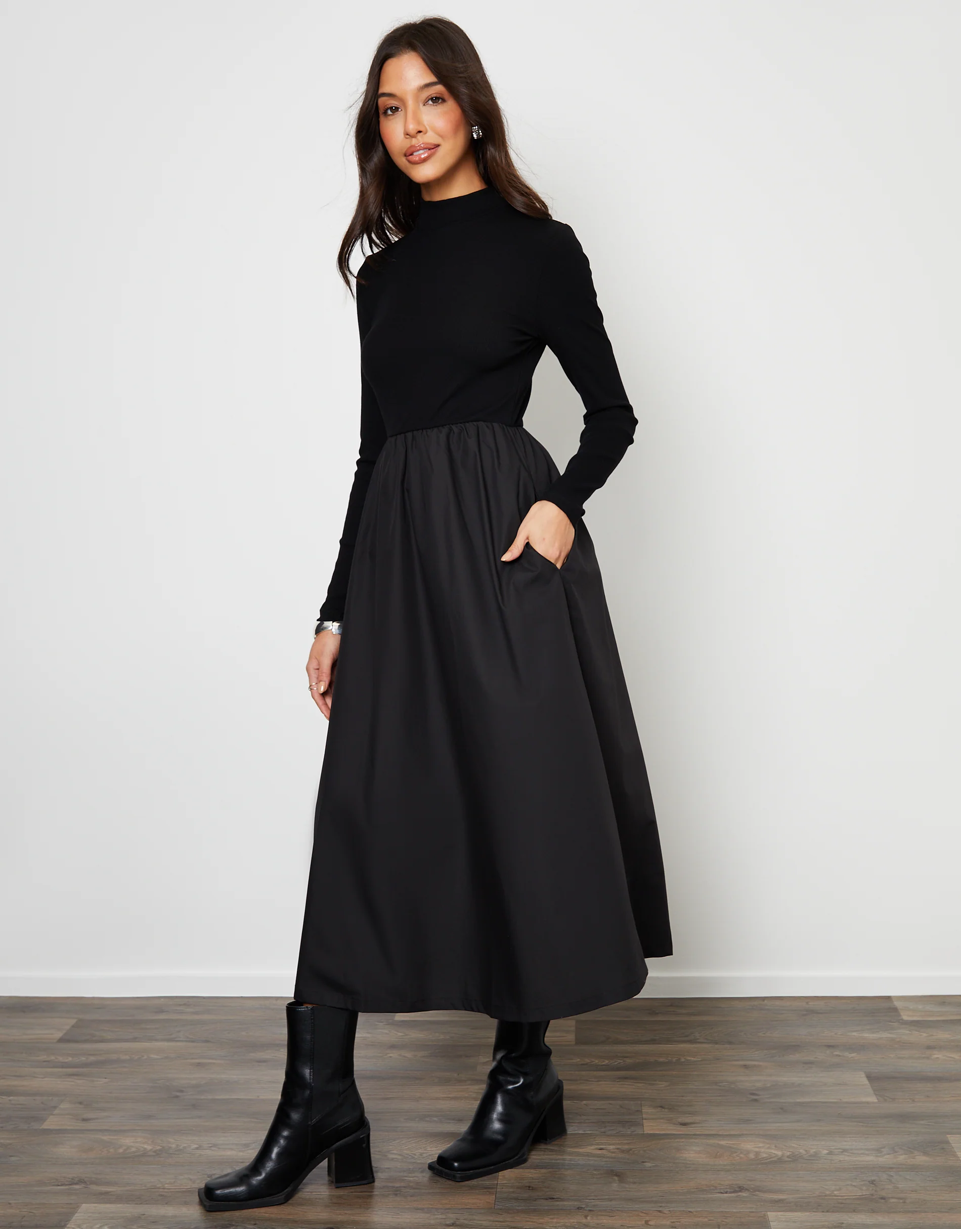 High Neck 2-in-1 Jersey Poplin Mix Midi Dress in Black - Image 4