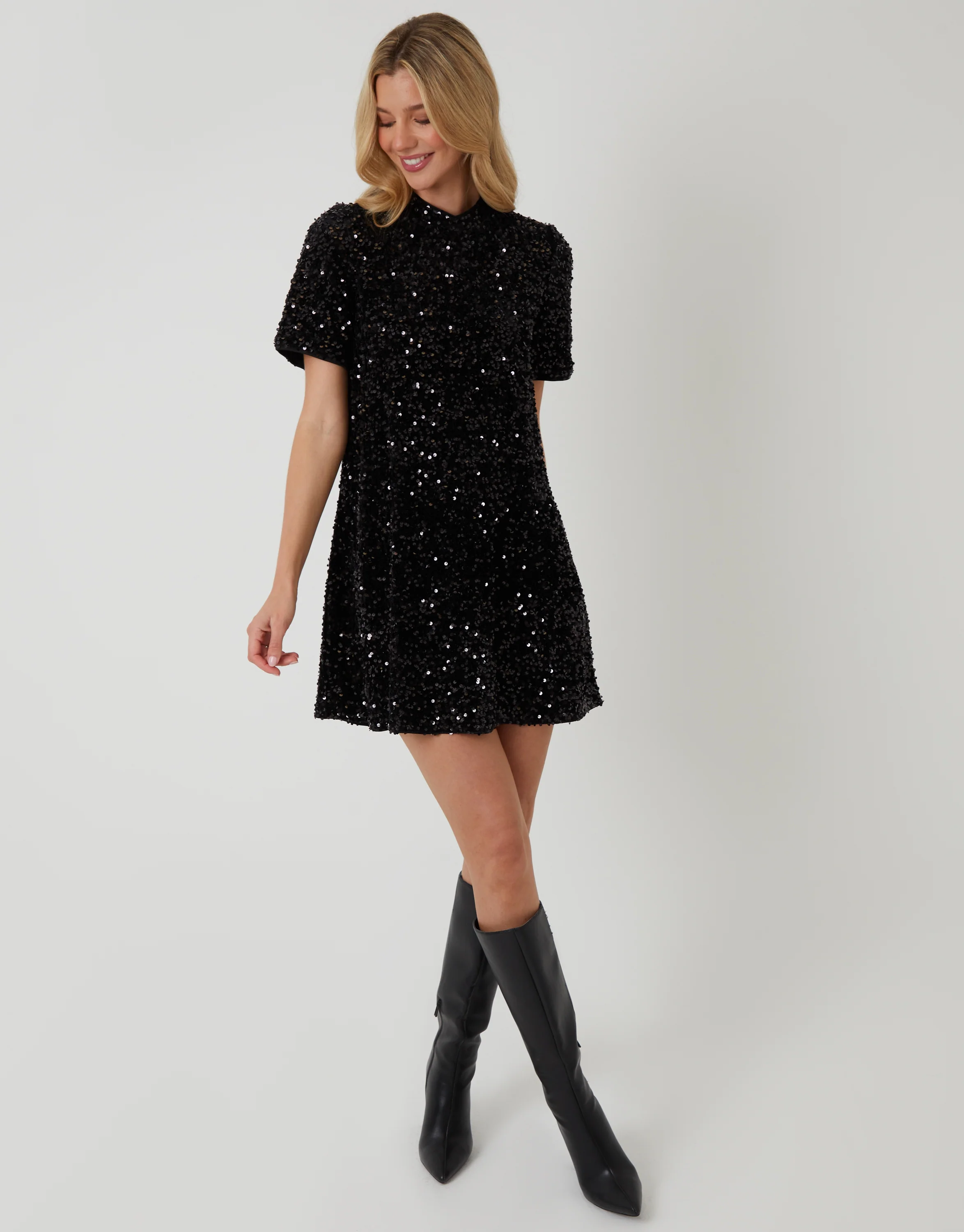 High Neck Sequin Velour Mini Dress in Black - Image 4