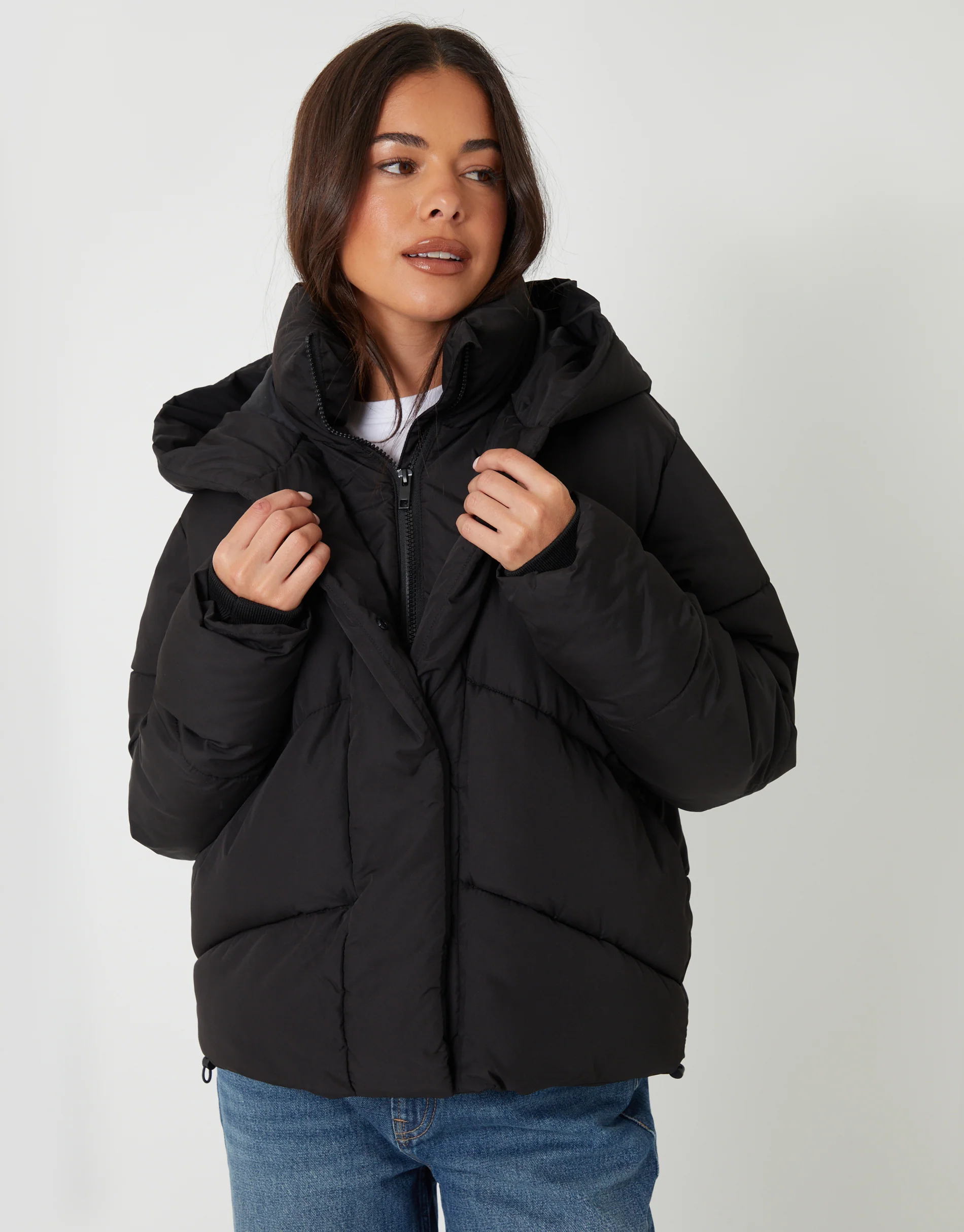 Hooded Double Collar Puffer Jacket in Black