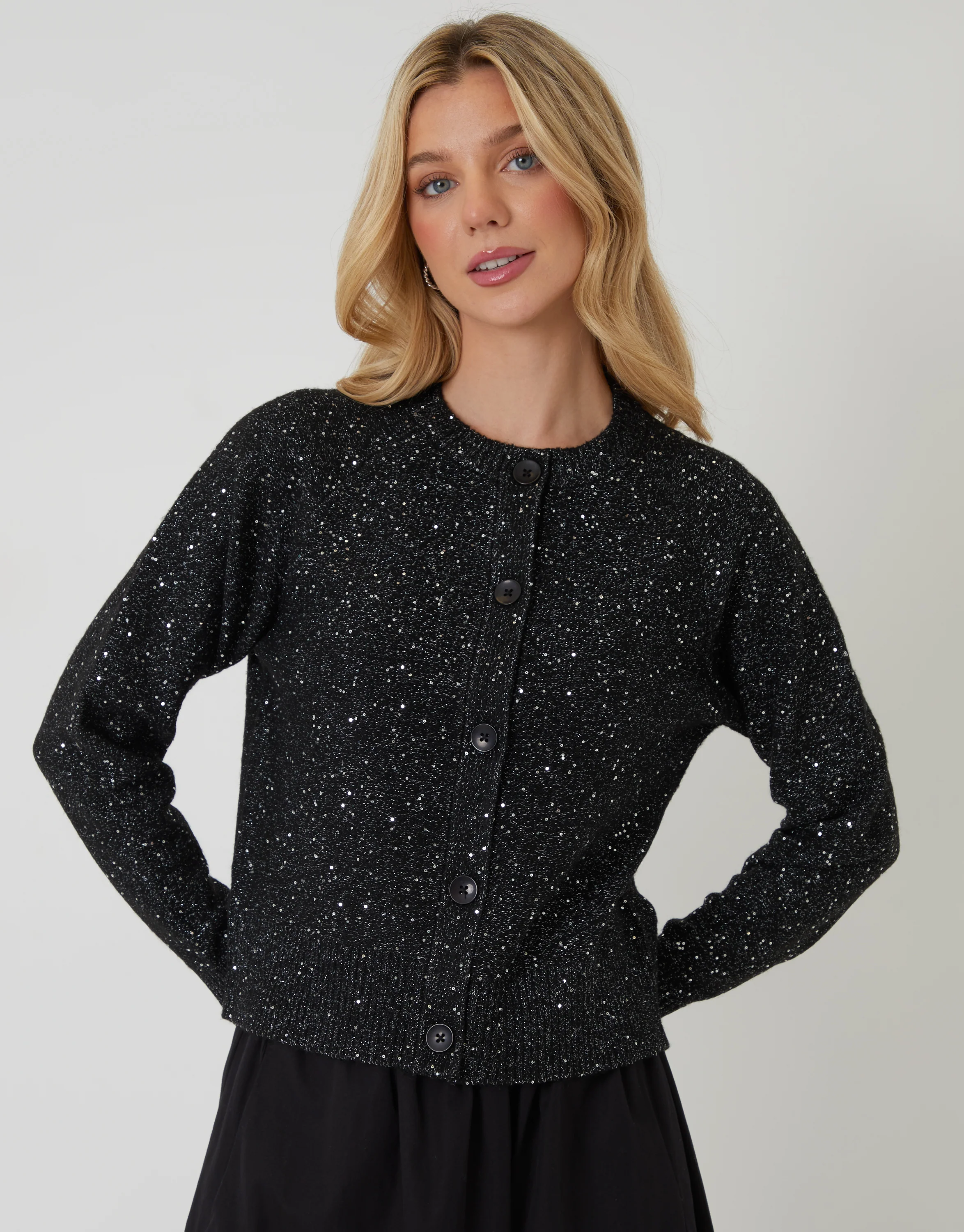 Knitted Sequin Cardigan in Black - Image 2