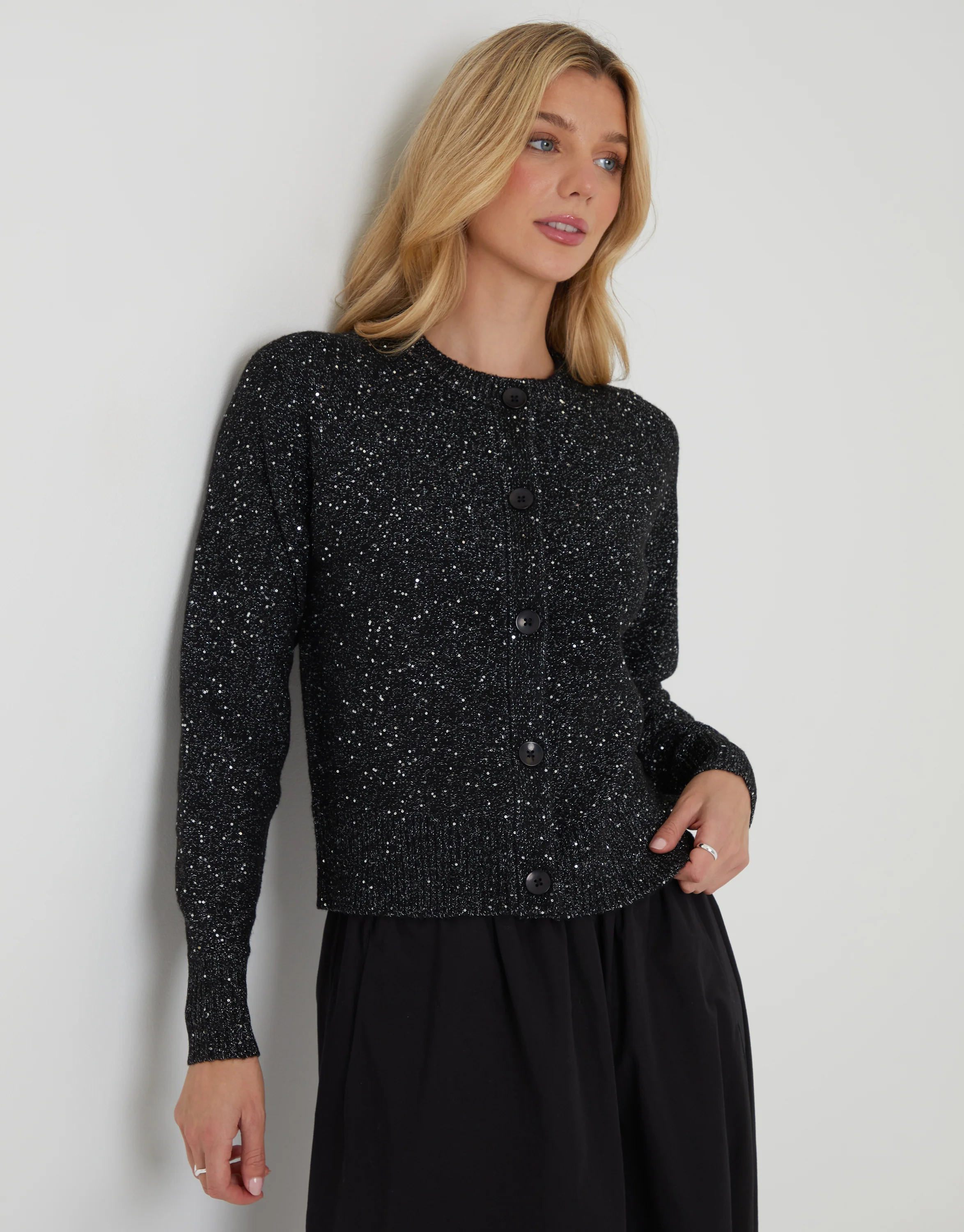 Knitted Sequin Cardigan in Black - Image 4
