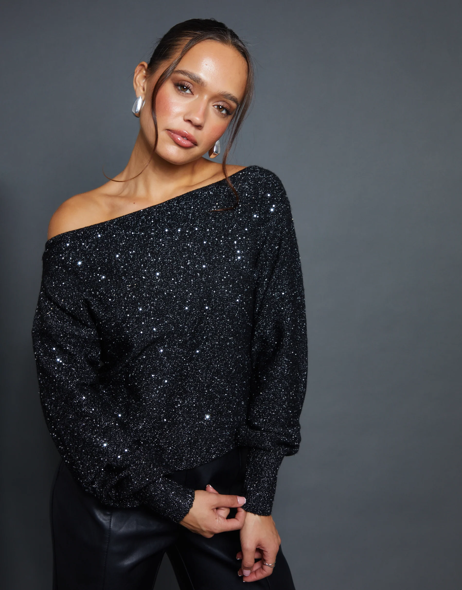 Knitted Sequin Slash Neck Jumper in Black