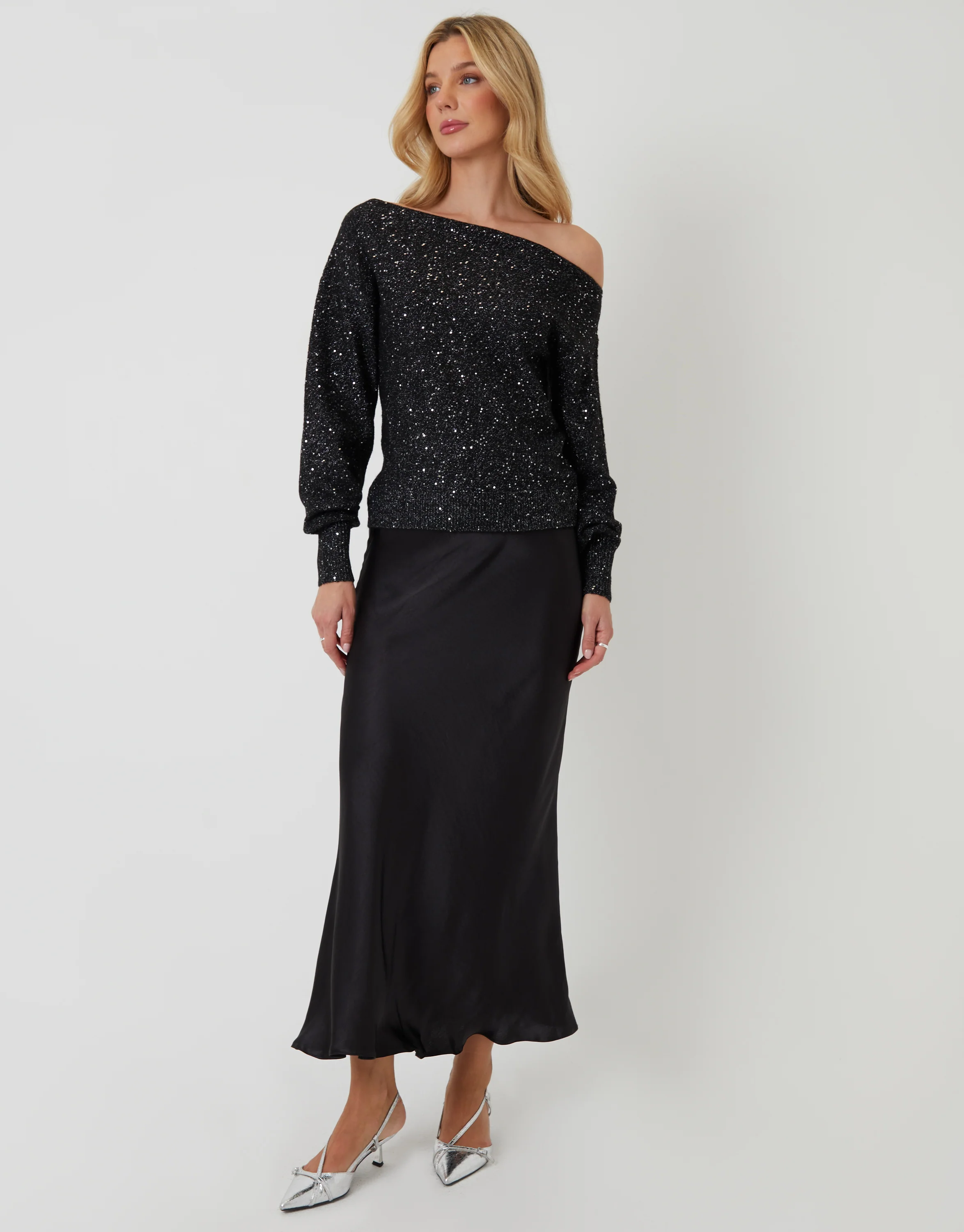 Knitted Sequin Slash Neck Jumper in Black - Image 4