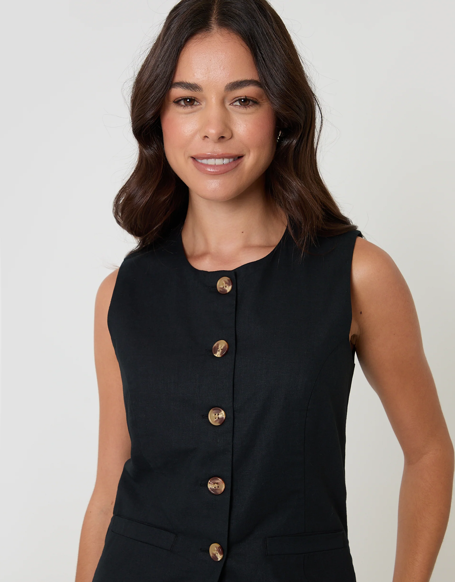Linen Blend Longline Waistcoat in Black - Image 4