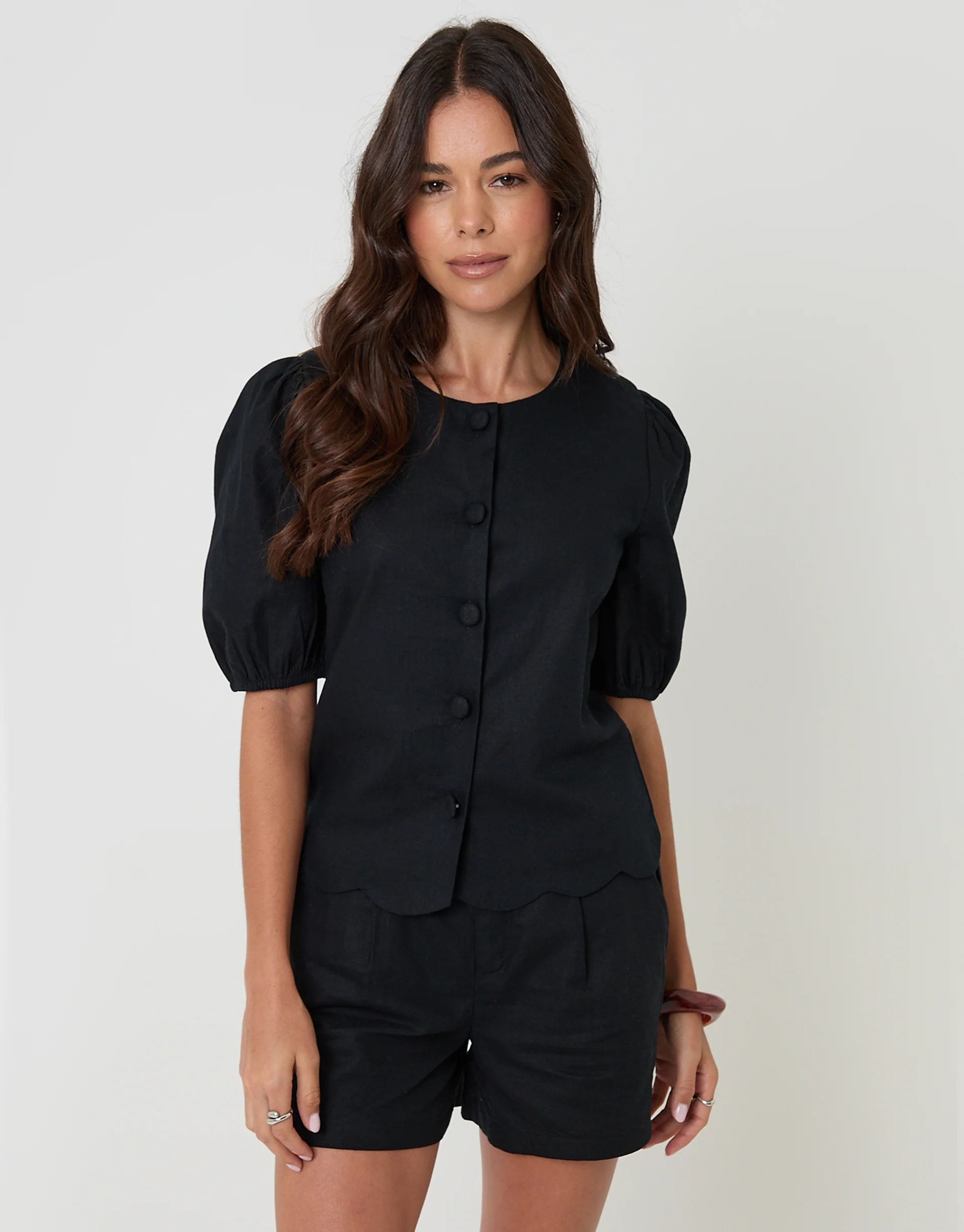 Linen Blend Puff Sleeve Top in Black - Image 5