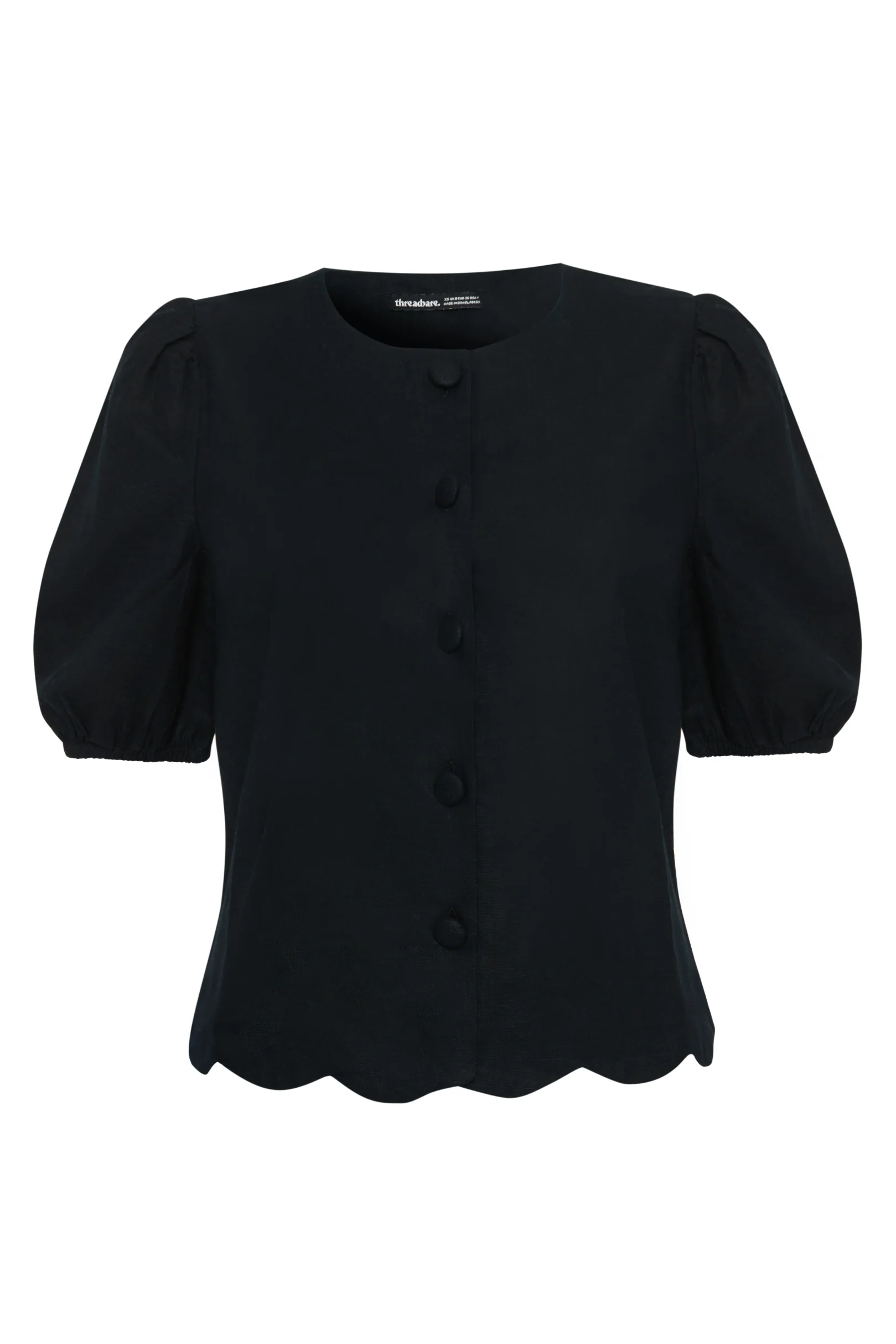 Linen Blend Puff Sleeve Top in Black - Image 6