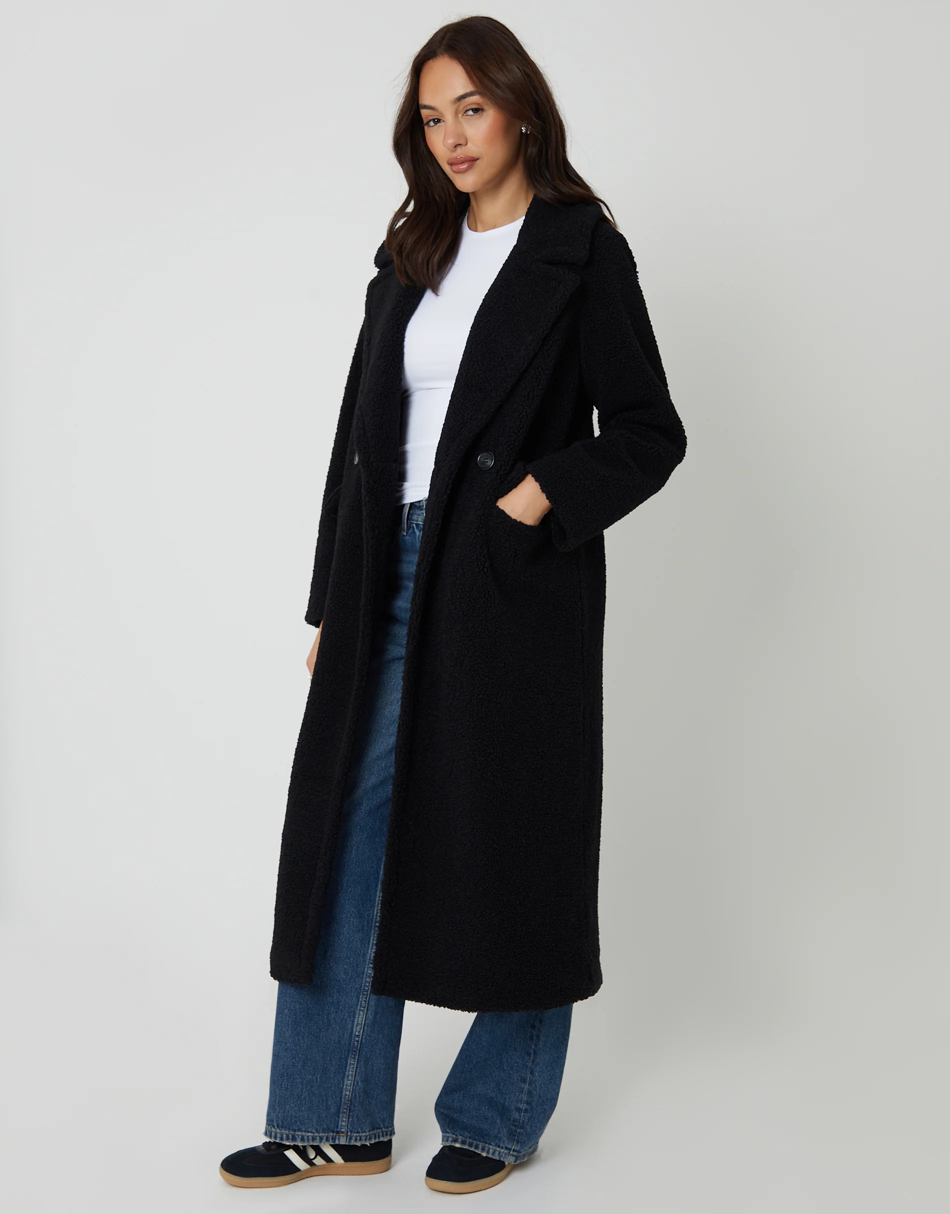 Longline Double Breasted Borg Coat in Black