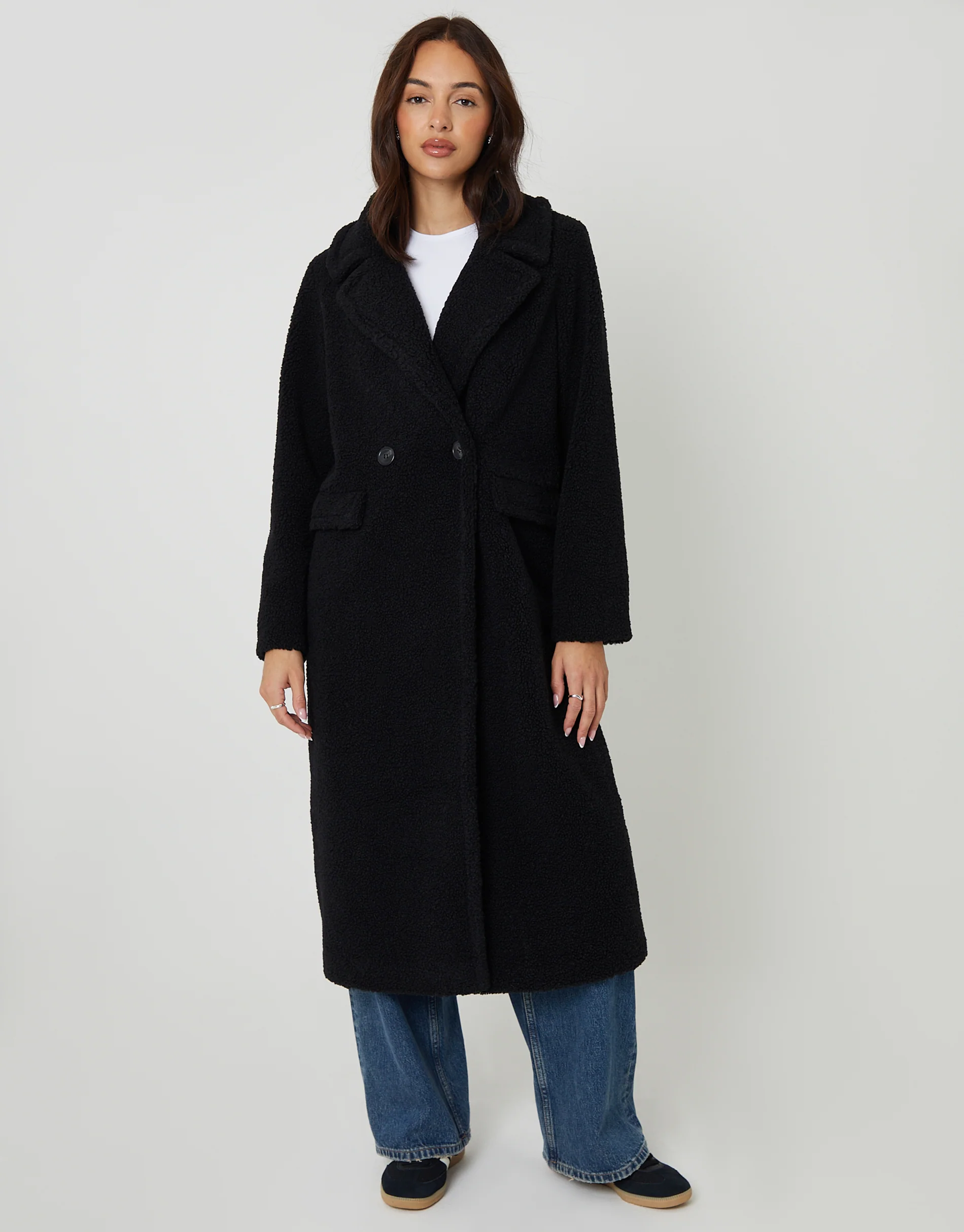 Longline Double Breasted Borg Coat in Black - Image 3