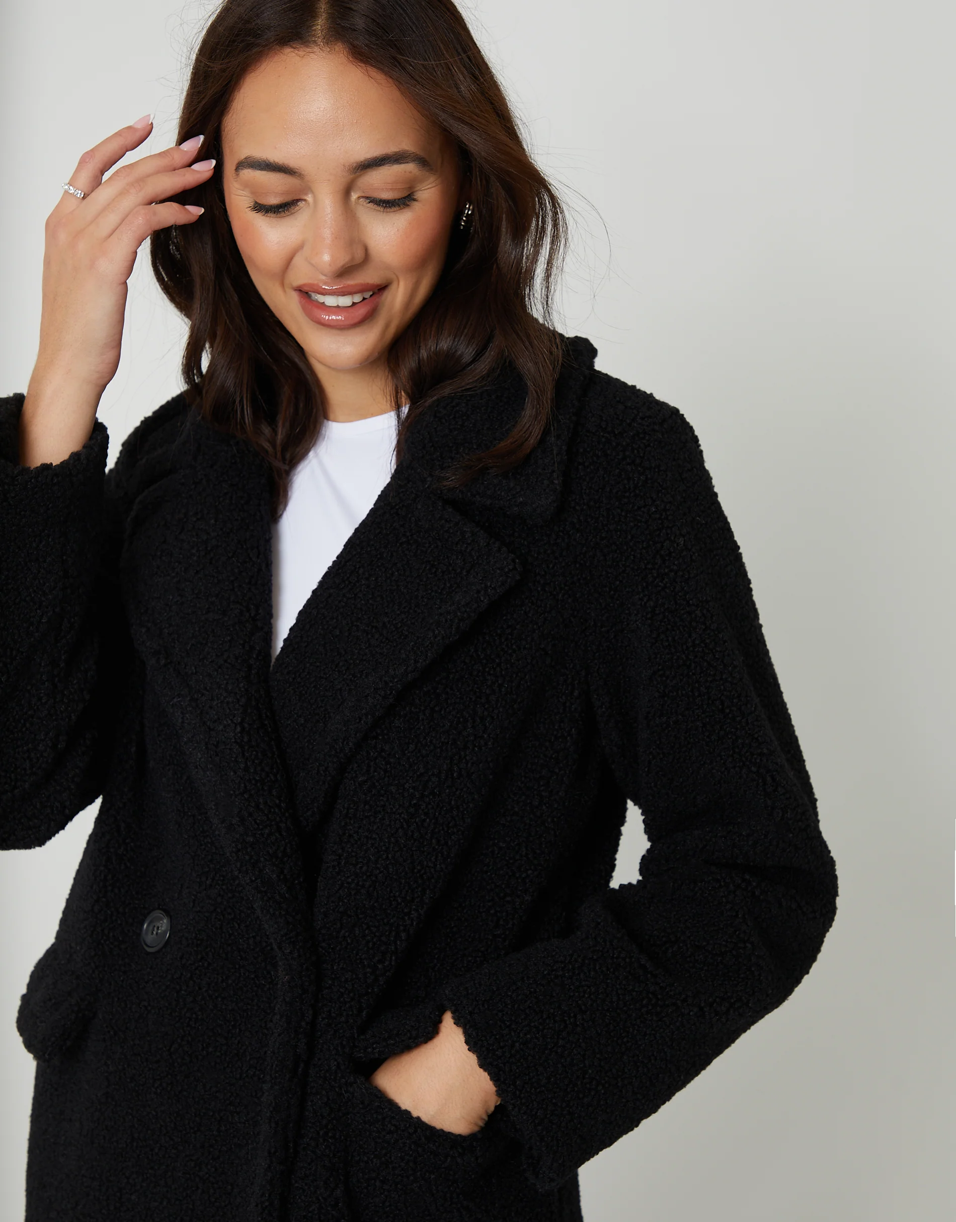 Longline Double Breasted Borg Coat in Black - Image 4