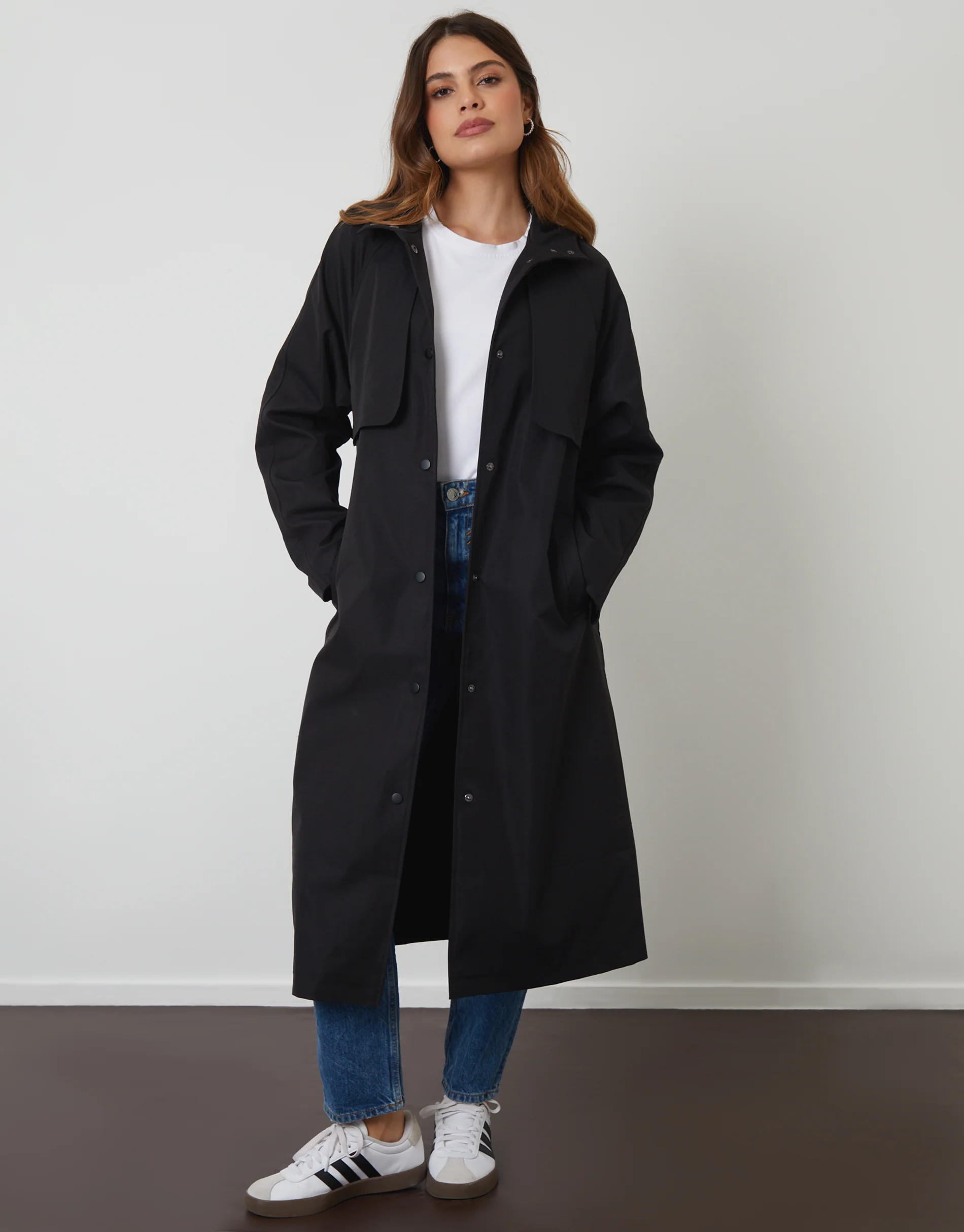 Longline Hooded Trench Coat in Black