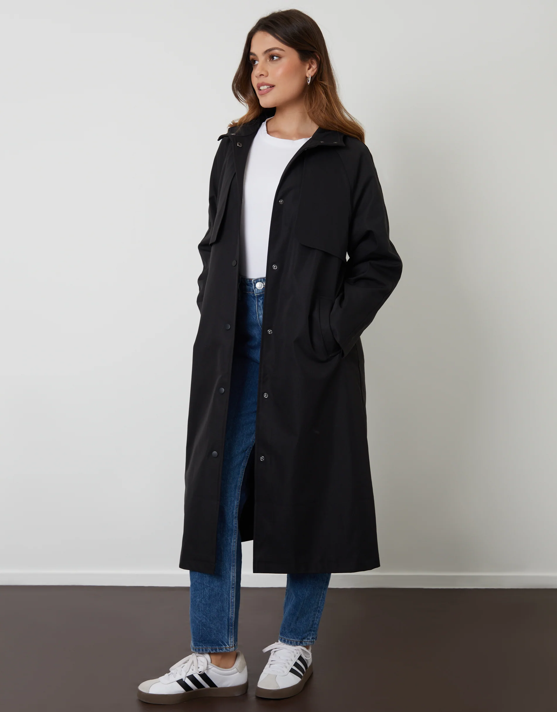 Longline Hooded Trench Coat in Black - Image 4