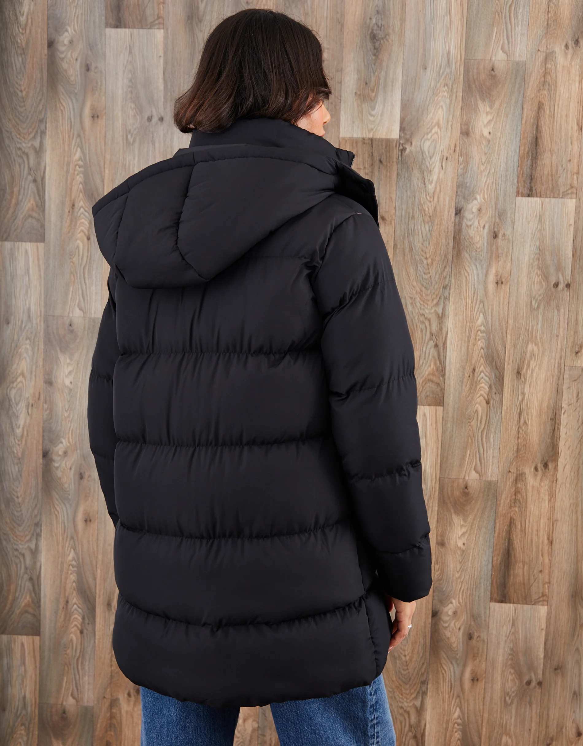 Mid Length Hooded Puffer Coat in Black - Image 2