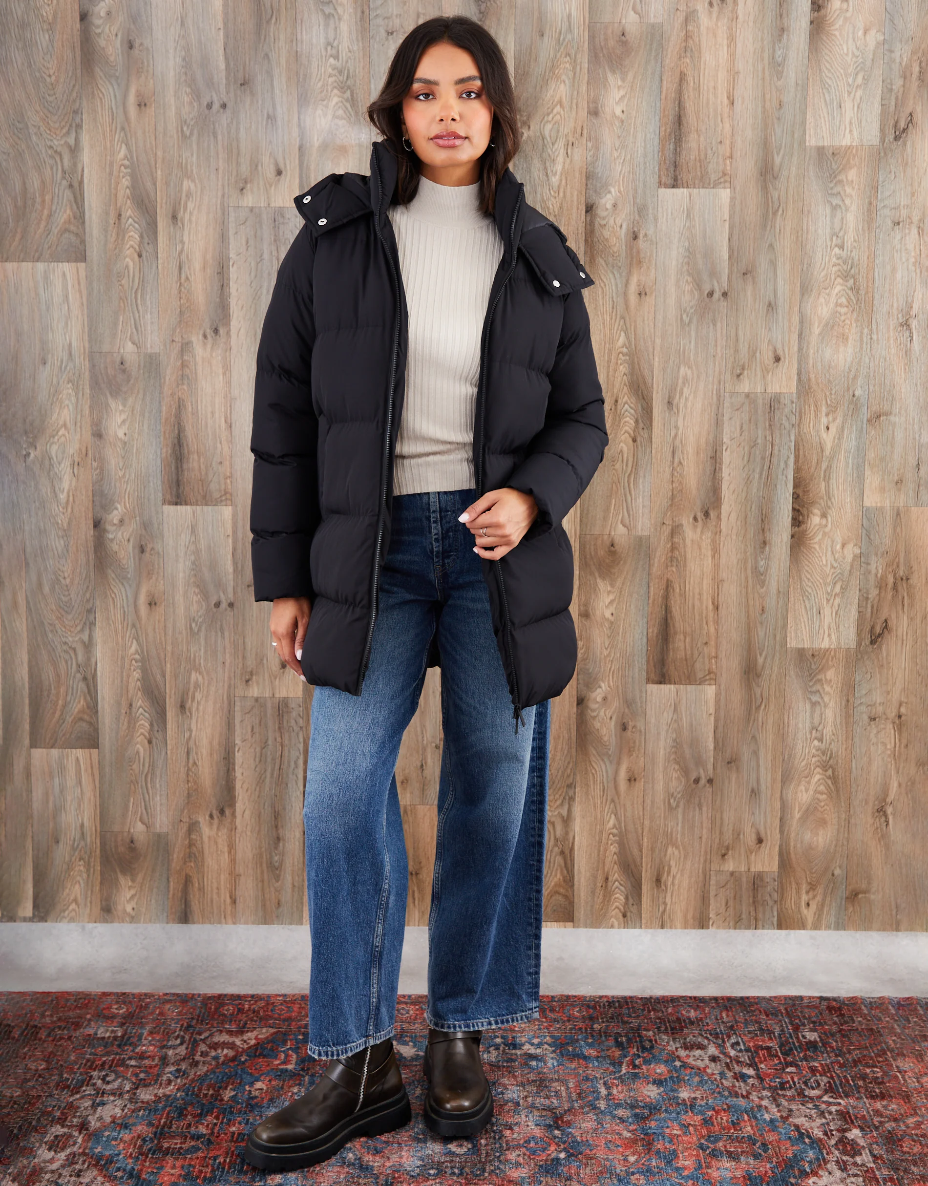 Mid Length Hooded Puffer Coat in Black - Image 3