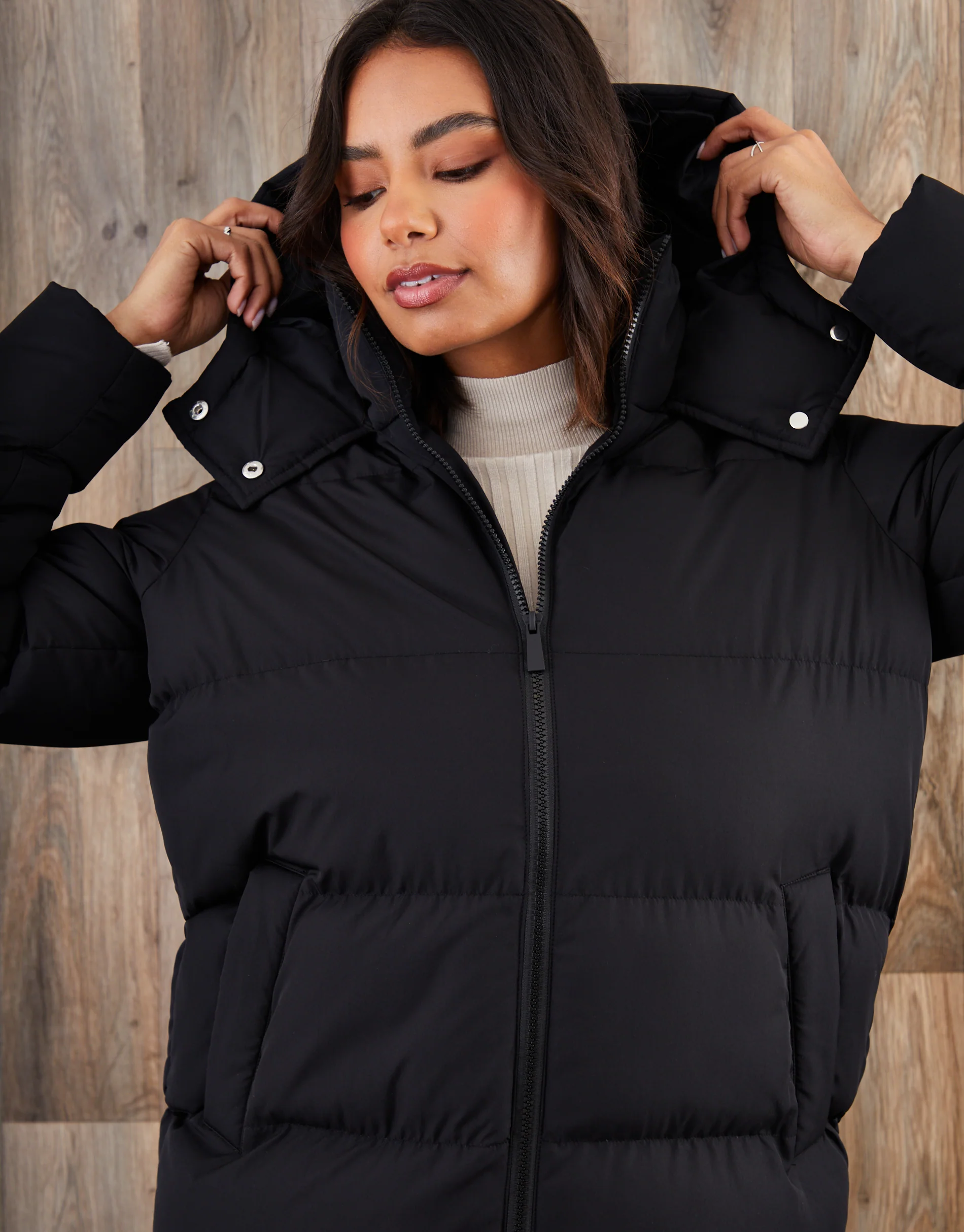 Mid Length Hooded Puffer Coat in Black - Image 4