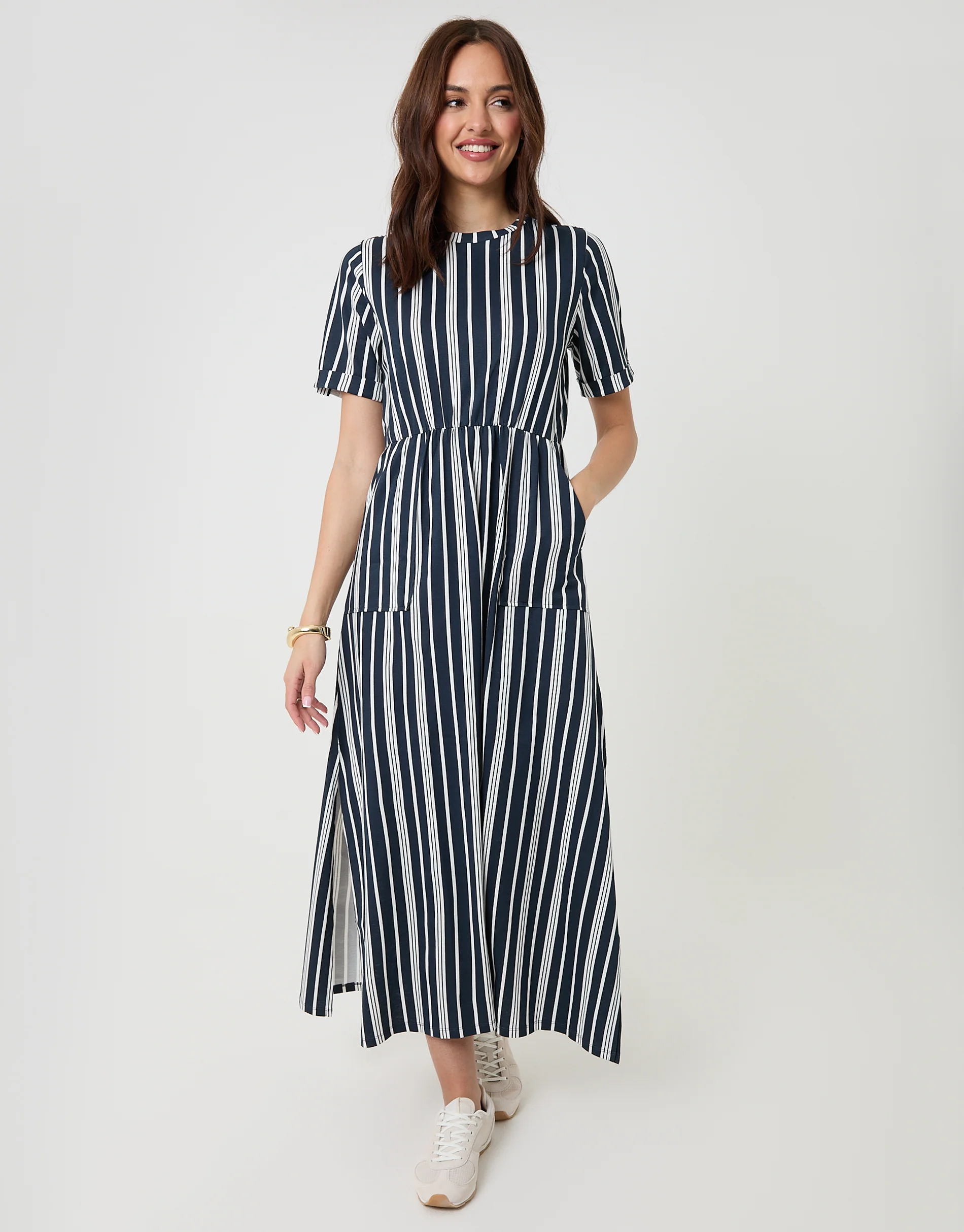 2 Pack Crew Neck Jersey Midi Dresses with Patch Pockets in Black & Navy Stripe - Image 2