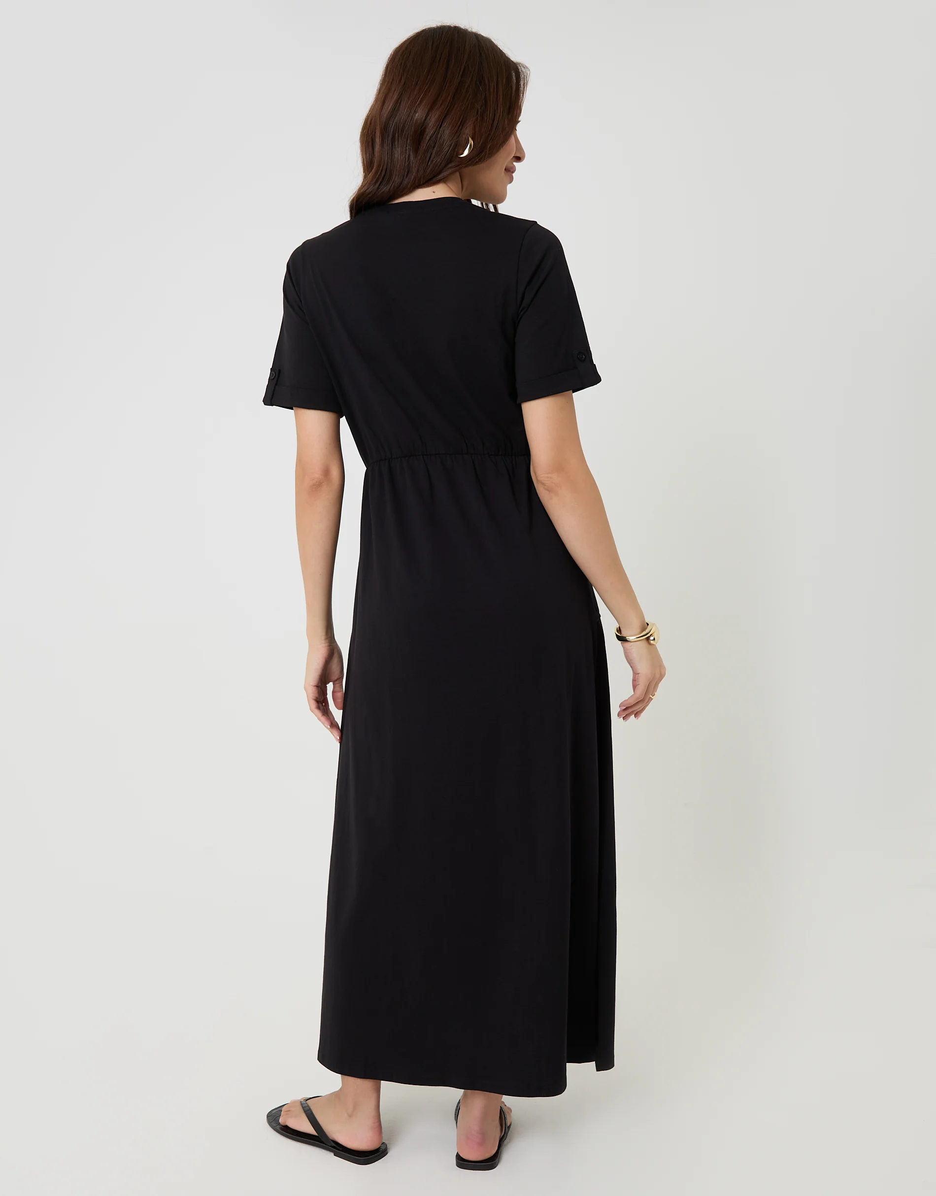 2 Pack Crew Neck Jersey Midi Dresses with Patch Pockets in Black & Navy Stripe - Image 3