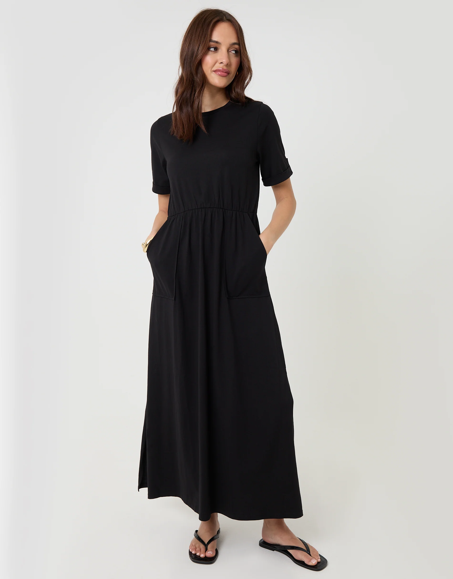 2 Pack Crew Neck Jersey Midi Dresses with Patch Pockets in Black & Navy Stripe - Image 4