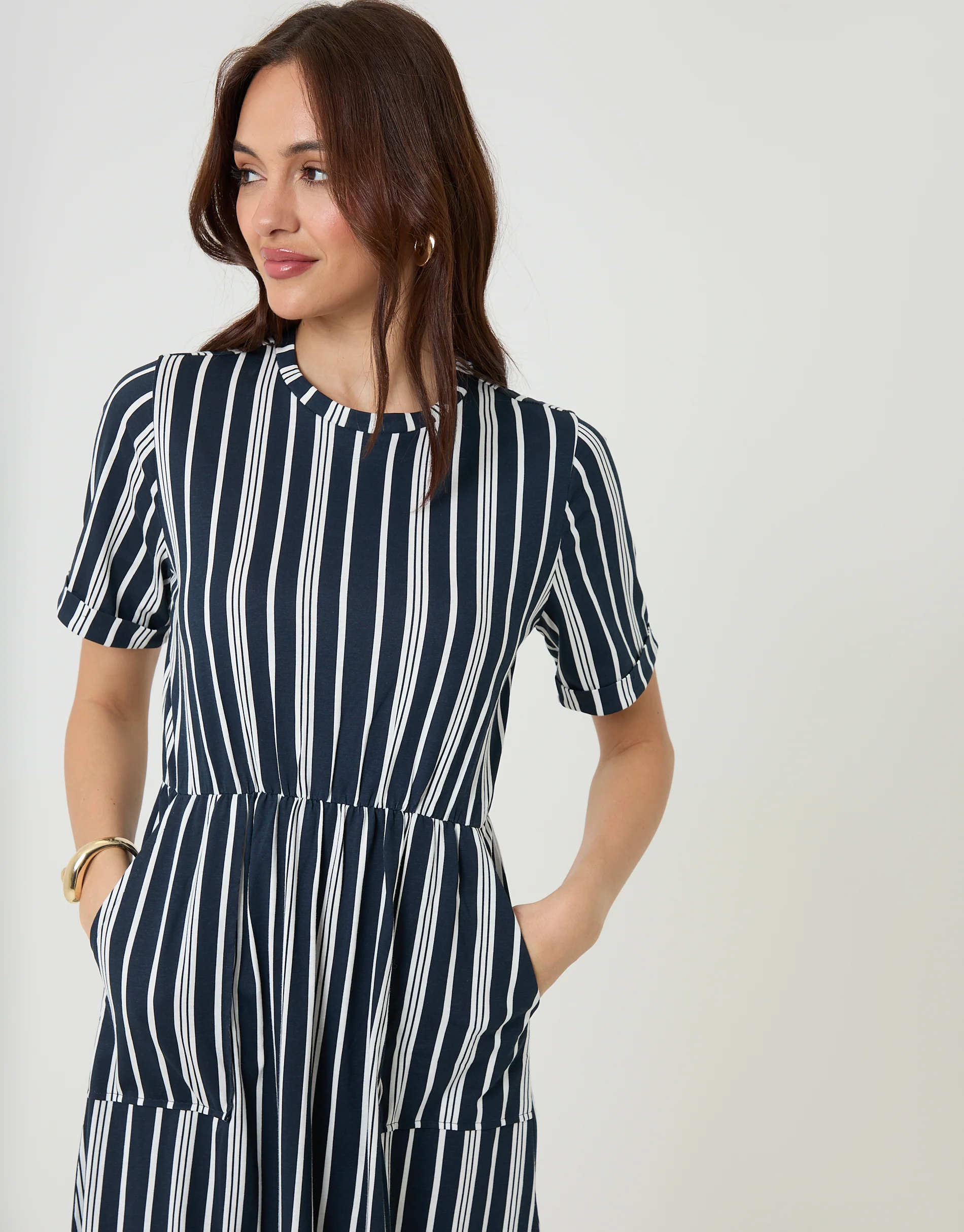 2 Pack Crew Neck Jersey Midi Dresses with Patch Pockets in Black & Navy Stripe - Image 5