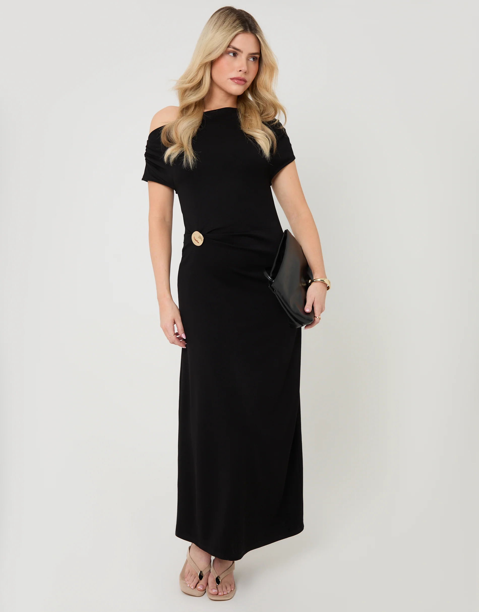 Off Shoulder Draped Jersey Maxi Dress in Black