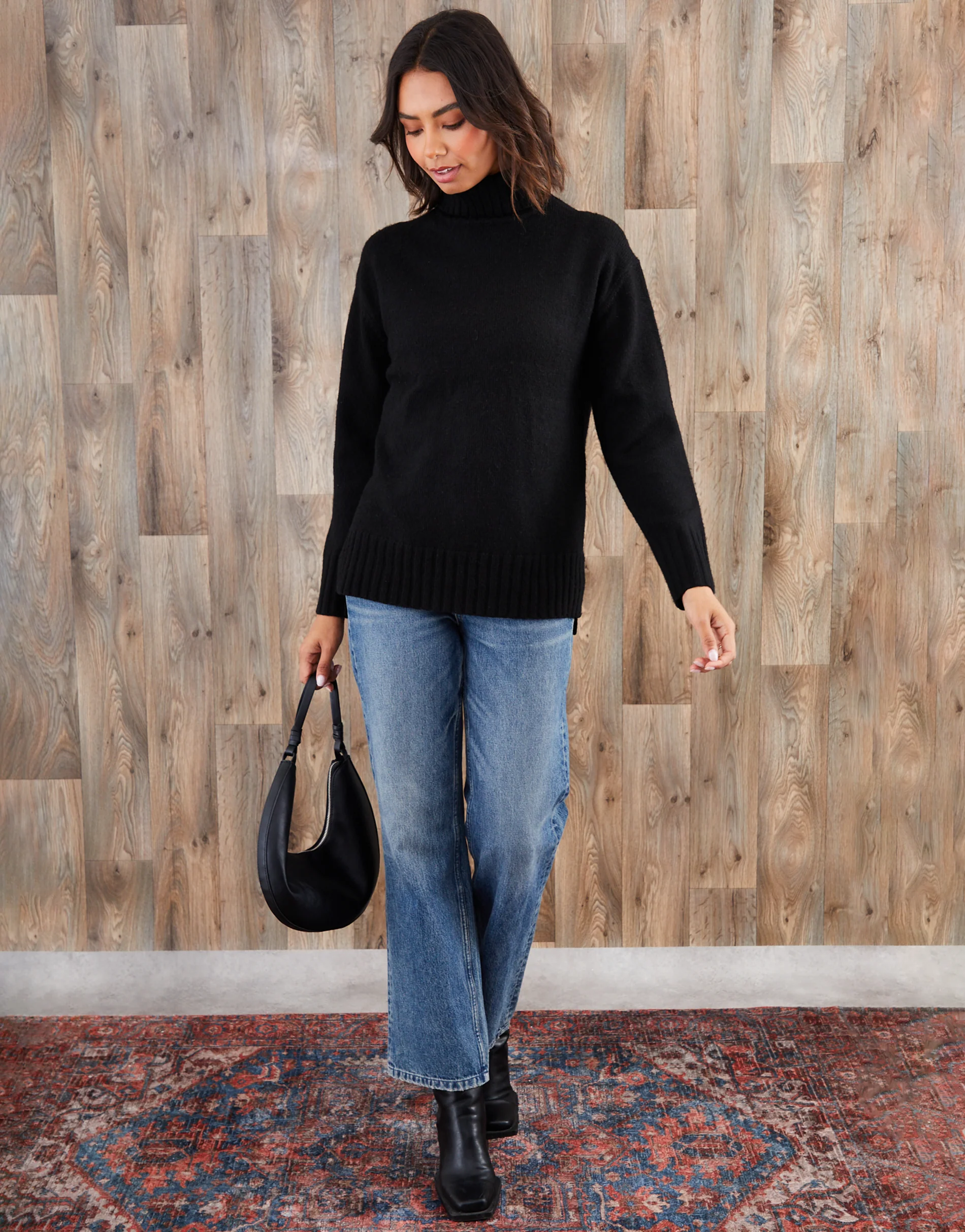 Oversized Roll Neck Jumper in Black - Image 3