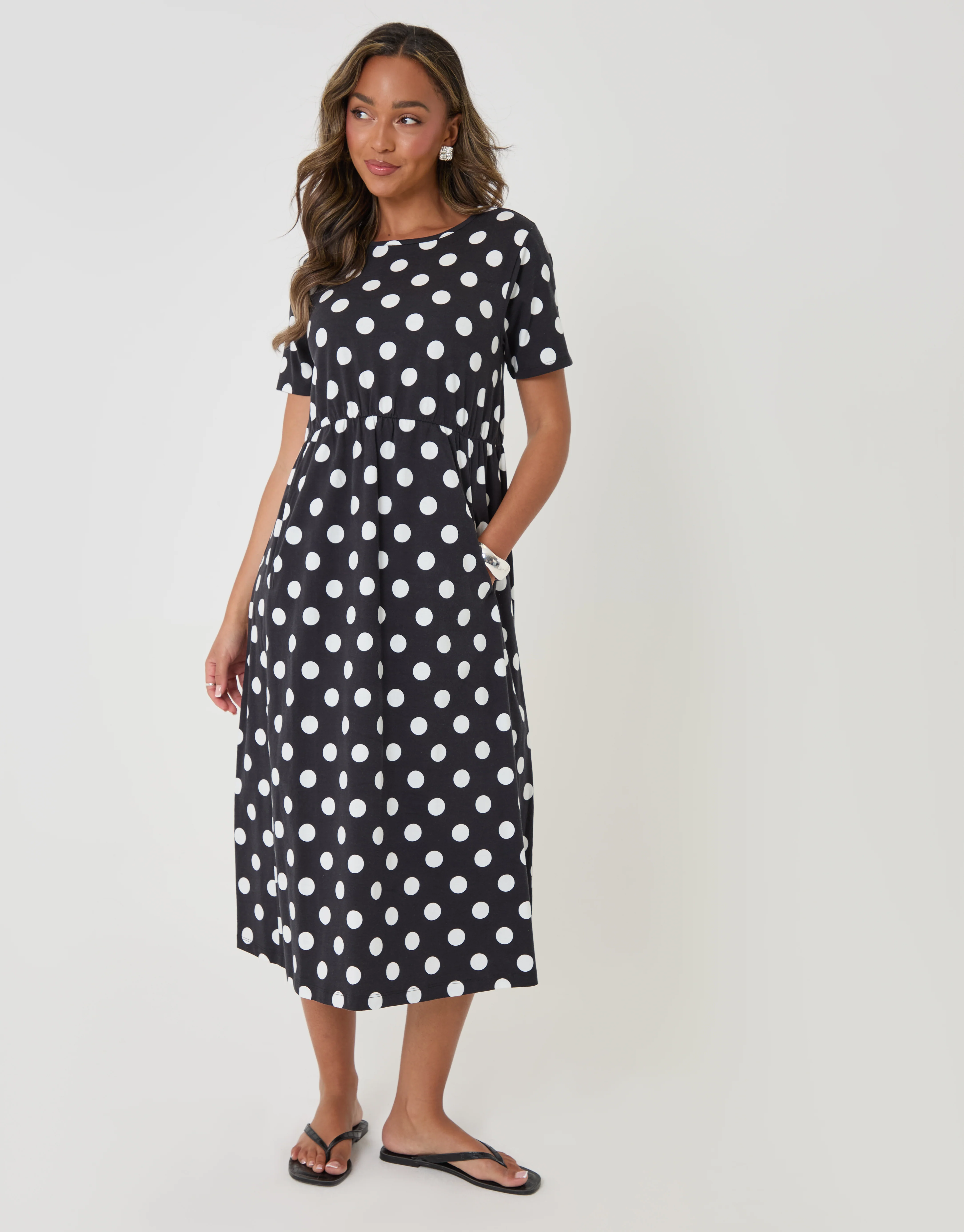 Jersey Midi Smock Dress with Pockets in Black Polka Dot